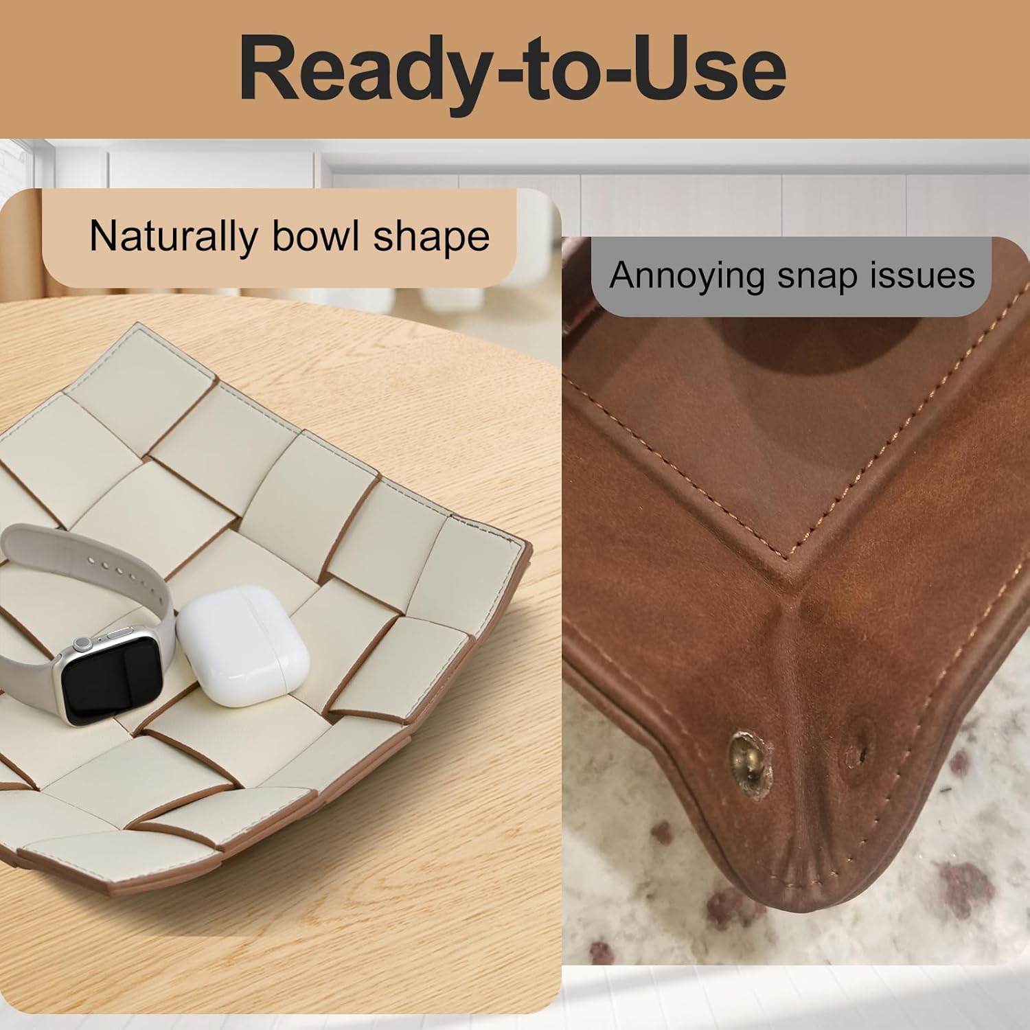 Valet Tray PU Leather Key Bowl for Men Women Entryway Table Nightstand Catchall EDC / Coffee + White