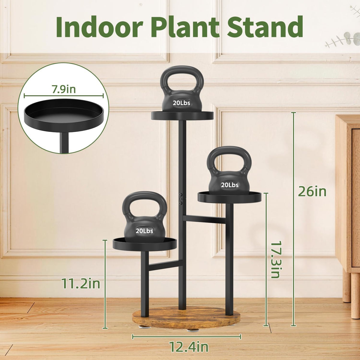 LASZOLA Corner Plant Stand Indoor Flower Shelf Tall, 3 Tiers Metal Black | Heavy Duty Wooden Holder Rack, for Mutiple