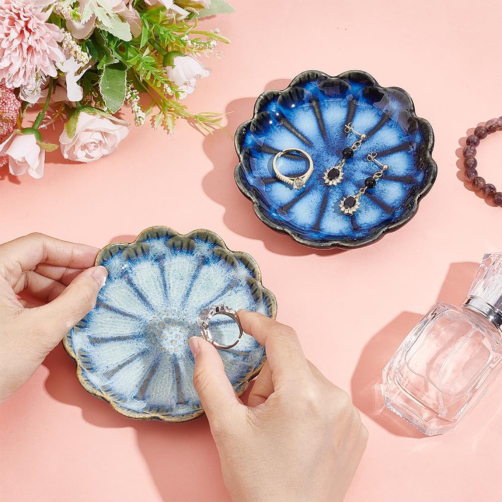 2 Color Ceramic Jewelry Tray / 2 Colors-blue Lotus Flower / Set of 2