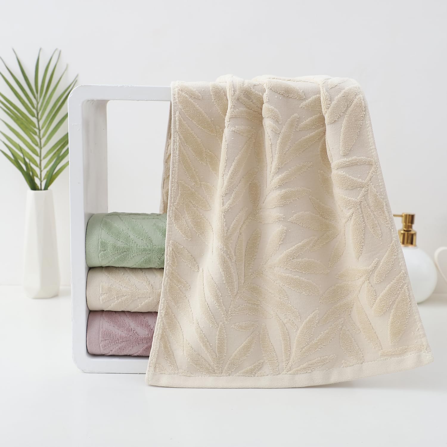 Hand Towels Set of 4 Leaf Pattern 100% Cotton Absorbent Soft Decorative Towel for Bathroom (Light Brown)