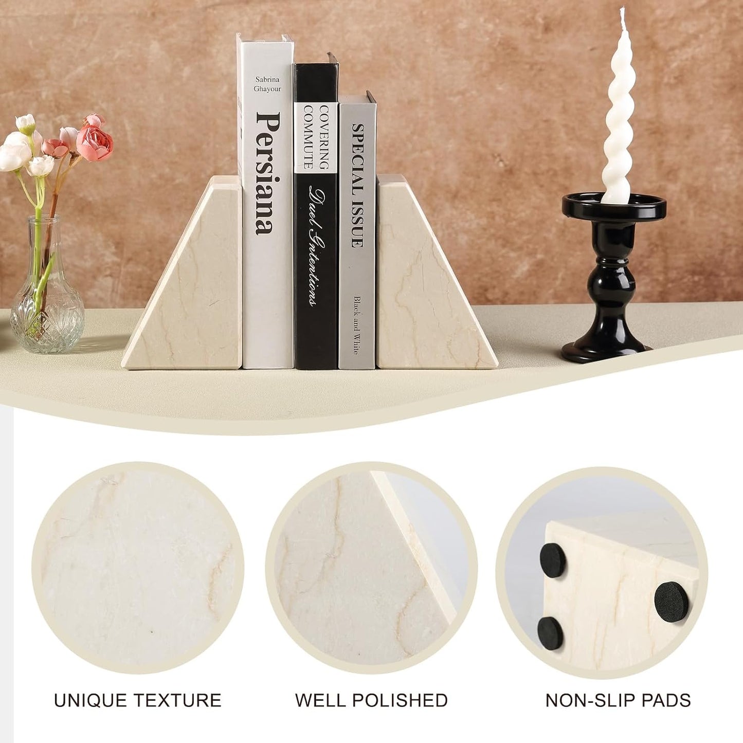 Marble Bookends / Large Bookends for Heavy Books / Trapezoid-beige