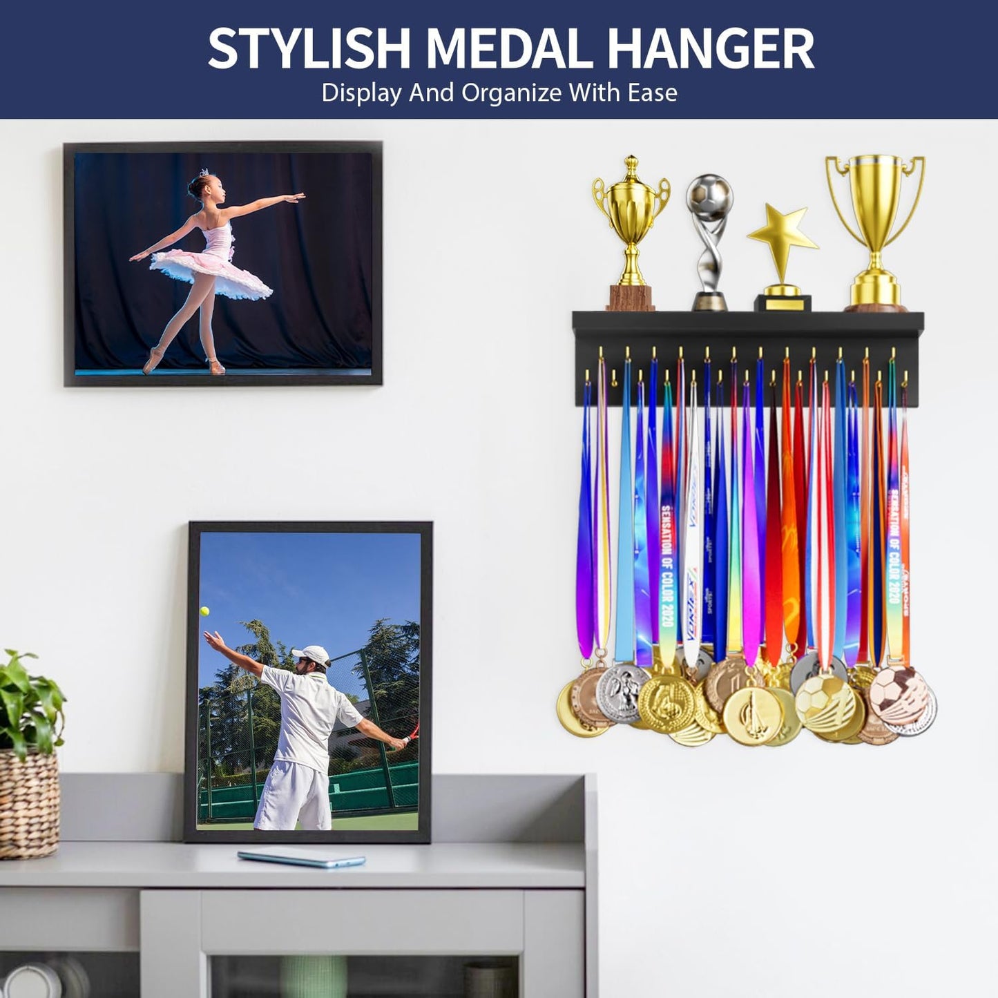 Medal Holder Display Trophy Shelf Organizer, Sturdy Wooden Race Award Hanger Rack with 25 Steel Hooks, Wall Mount