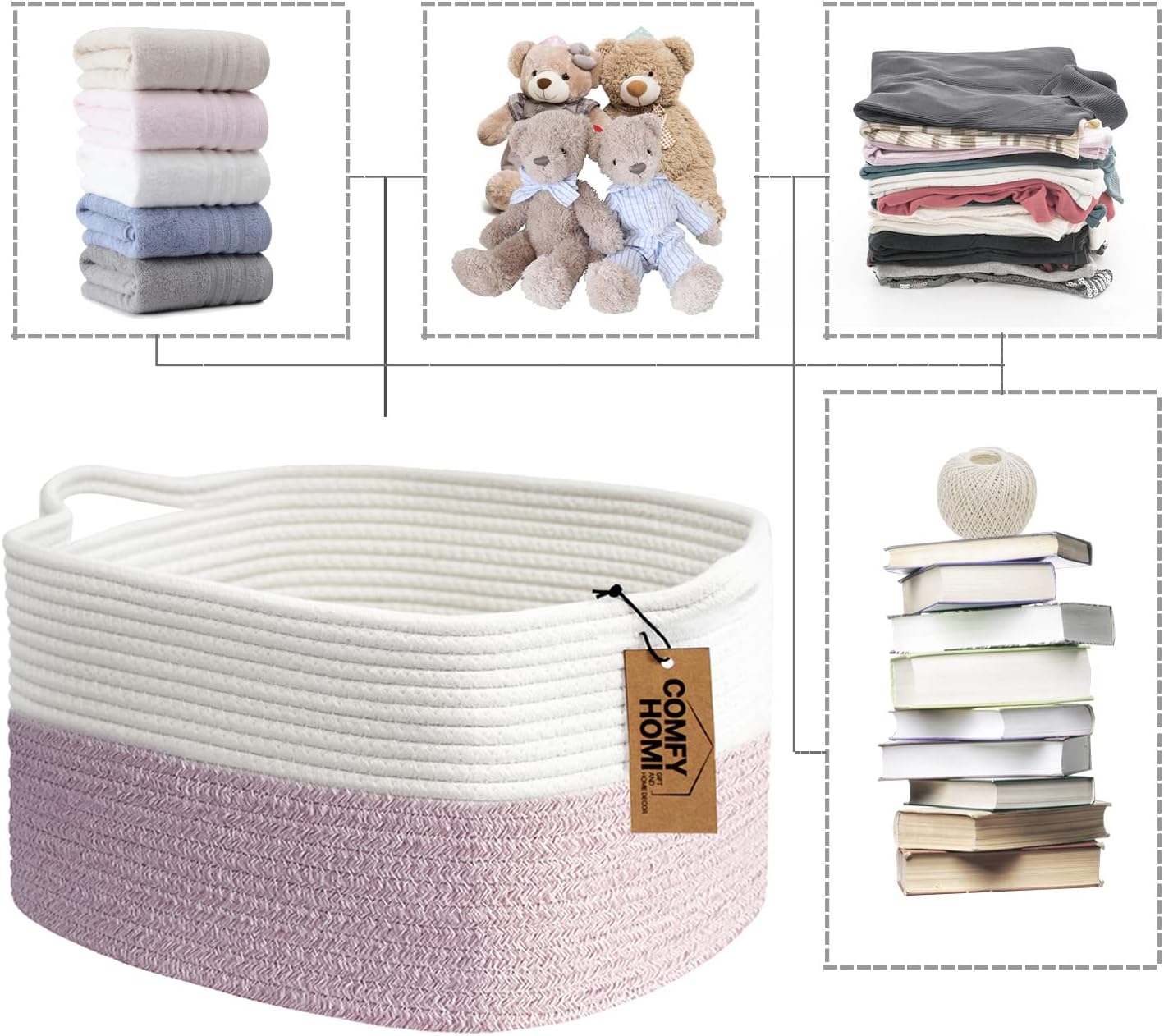Cotton Rope Woven Medium Basket / 13.5 x 11 x 9.5 / White/pink