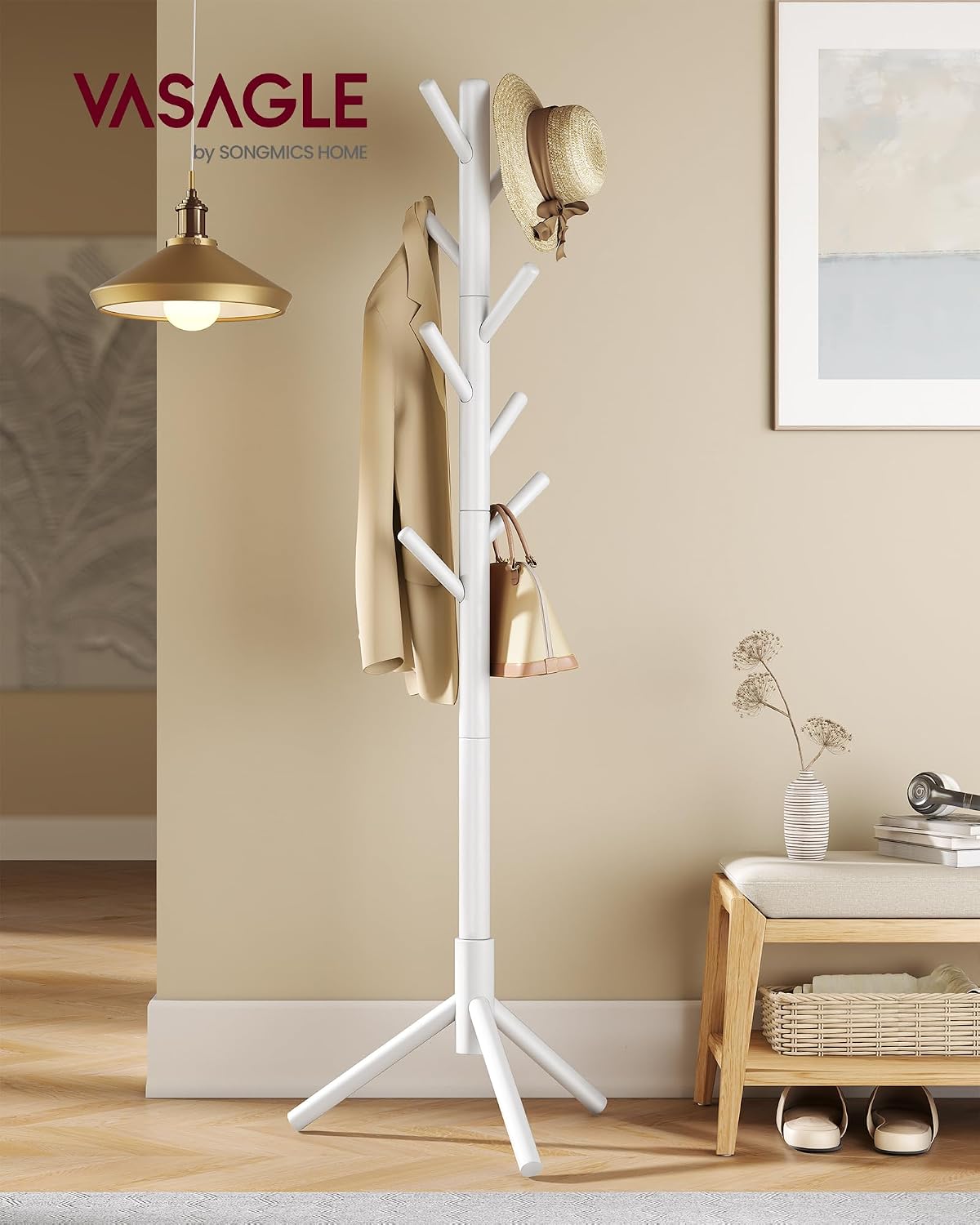 VASAGLE Solid Wood Coat Rack, Free Standing Tree-Shaped Coat Rack with 8 Hooks, 3 Height Options, for Clothes, Hats