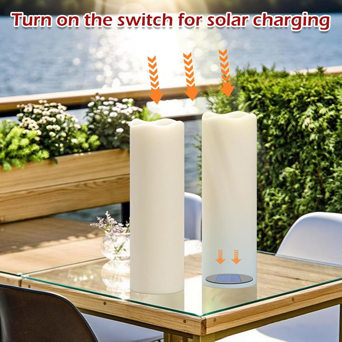 GenSwin Solar Candles Outdoor Waterproof Lantern Ivory White 4 x 14 in | IP65, Sensor for Dusk to Dawn, Large Pillar