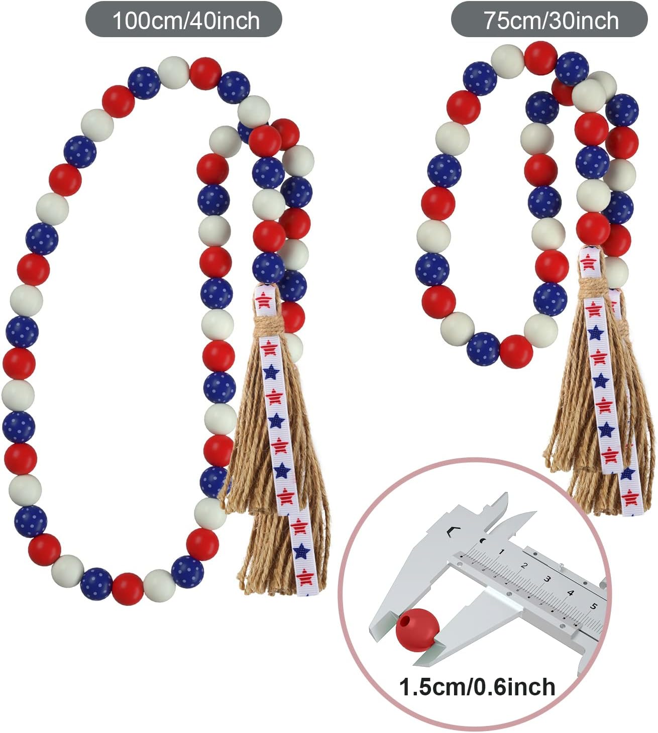 Patriotic Wood Bead Garland / Yd-wood Beed-07-us / Set of 2