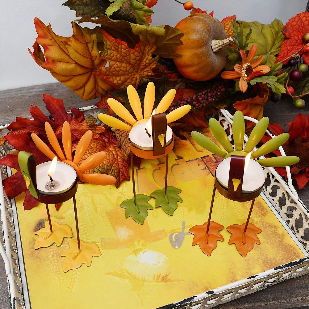 Attraction Design Decorative Candle Holder Thanksgiving Turkey Decorations Set of 3, Metal Turkey Home Decor Accent