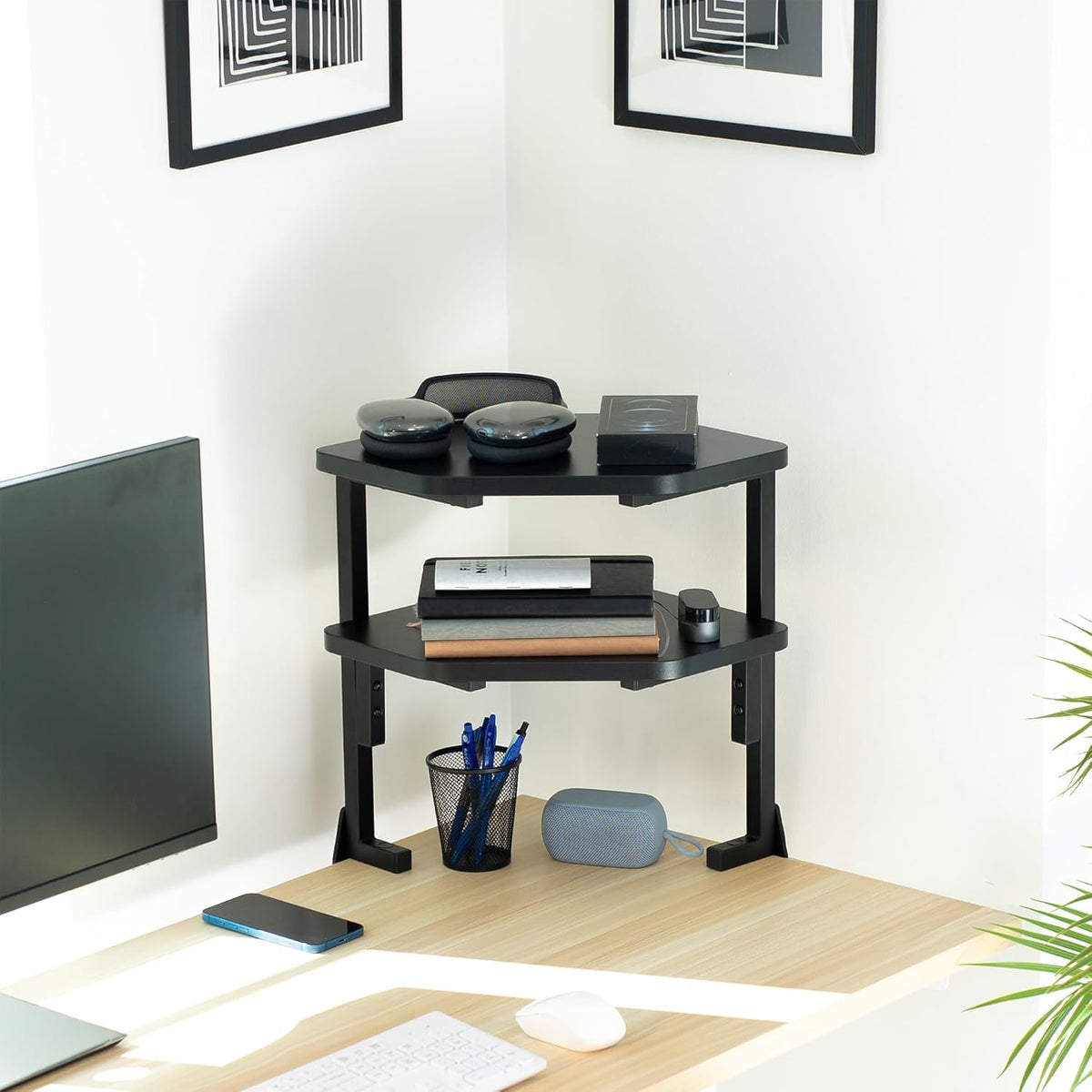 VIVO Corner Clamp-on 17 inch Above or Below Desk 2-Tier Shelving Unit for Table Accessories, Gaming Devices, and More