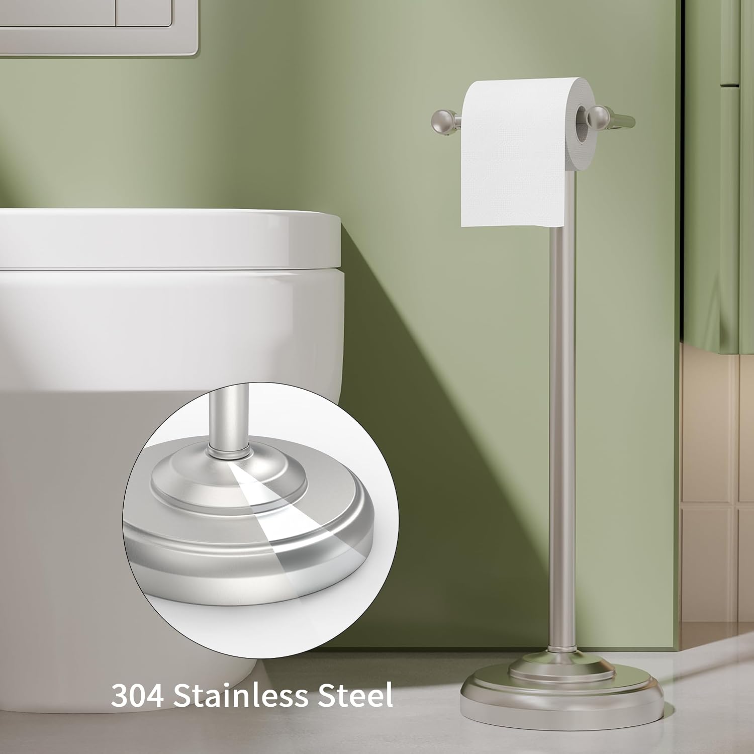 Toilet Paper Holder Stand, Brushed Nickel Toilet Paper Holder Free Standing,Post Pivoting Design & Stable Weighted Base