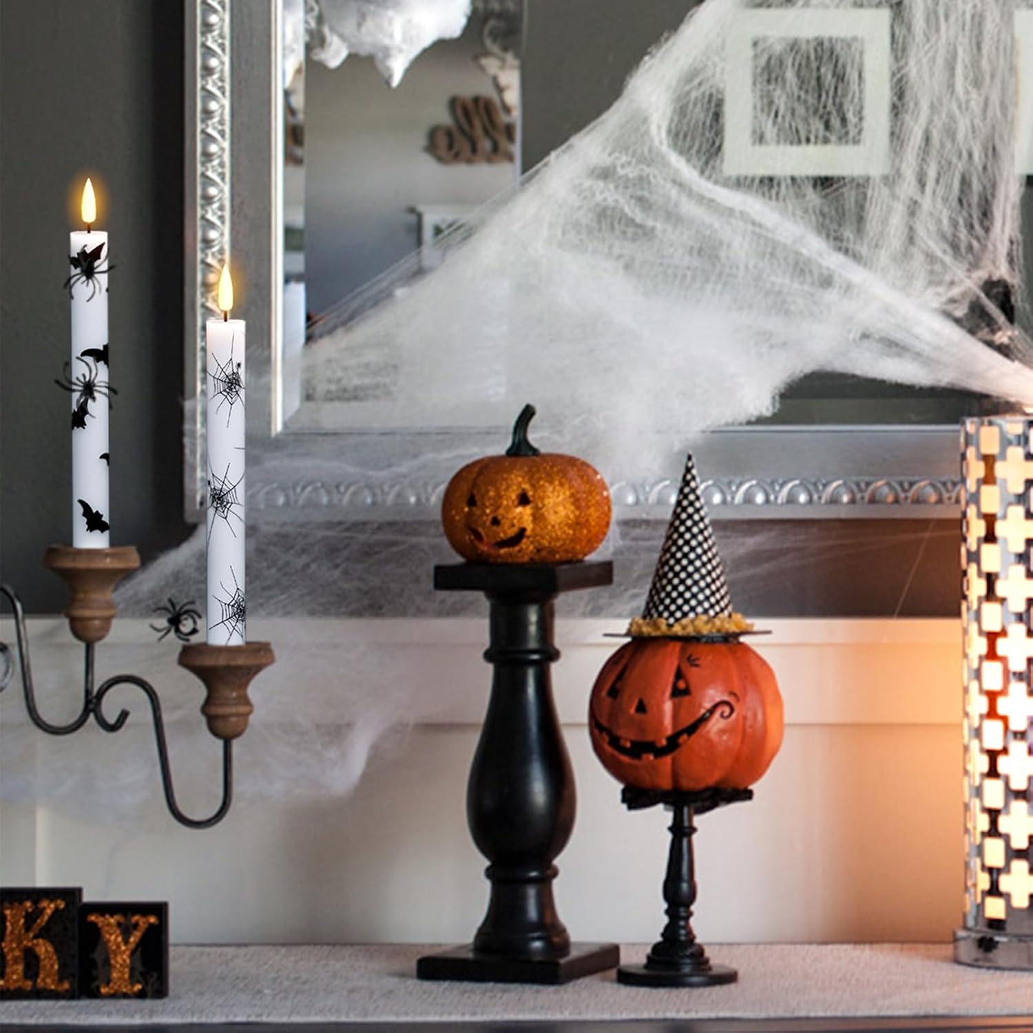 GenSwin Halloween Flameless Taper Candle Spider Web/Skull/Bats Remote Timer | Real Wax, Halloween Party Home Decor