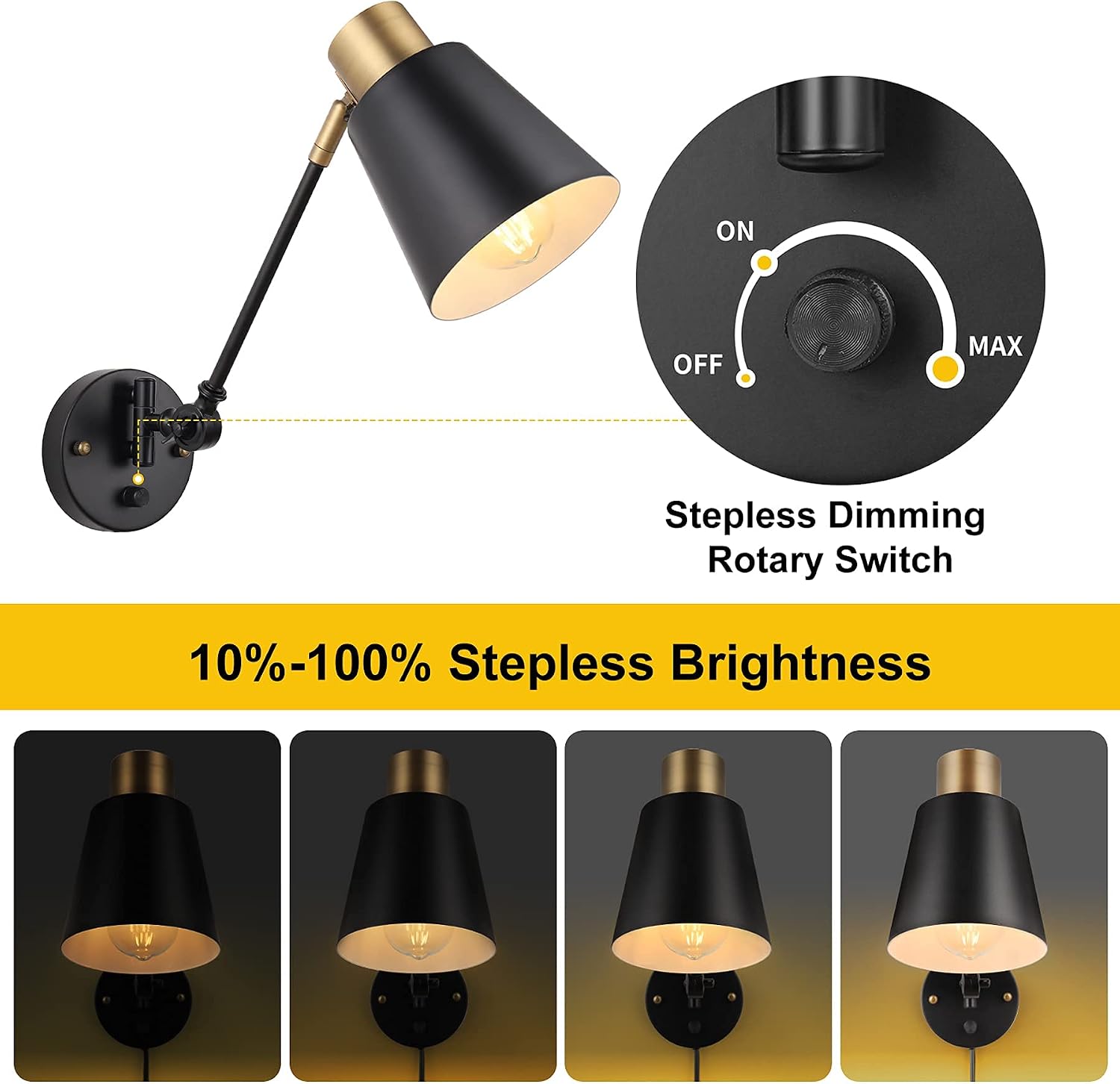 GOODATE Dimmable Wall Lamp with Plug in Cord, Plug in Wall Sconces, Swing Arm Wall Light with On Off Switch, Metal