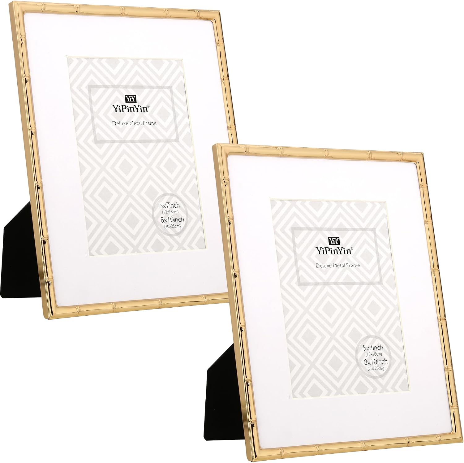 YiPinYin 8x10'' Bamboo Detail Gold Metal Picture Frame with Acid Free Mat for 5x7'' Set of 2,Narrow Gold Plated Photo