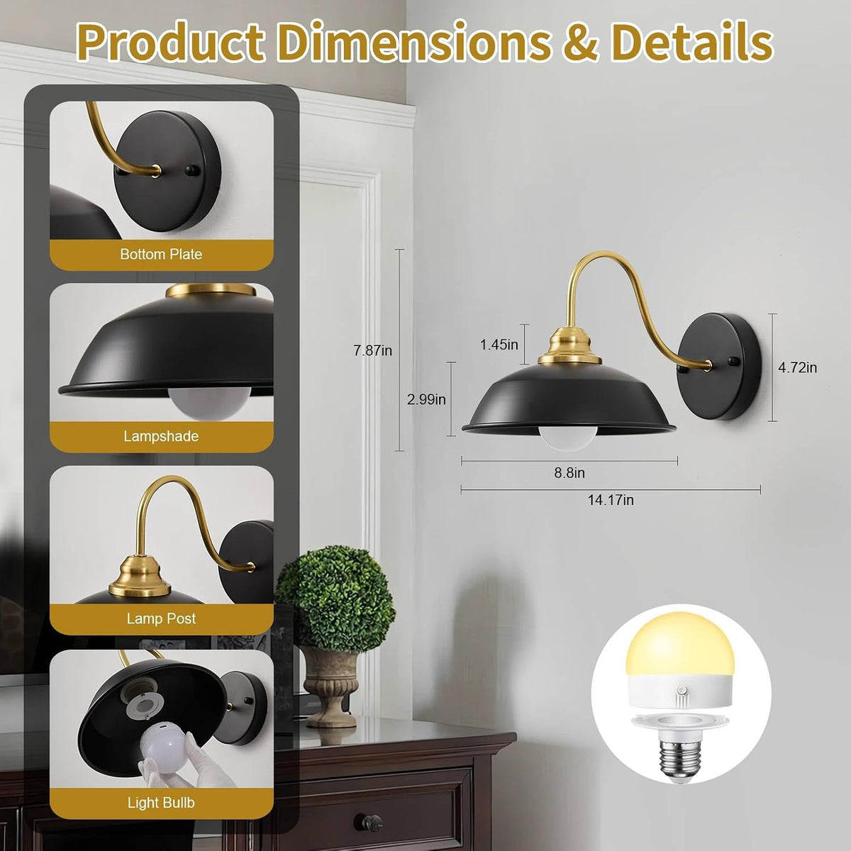 Battery Operated Wall Sconces Set of Two, Gold Wireless Wall Lights with Remote and Dimmable Bulbs for Bedroom/Living