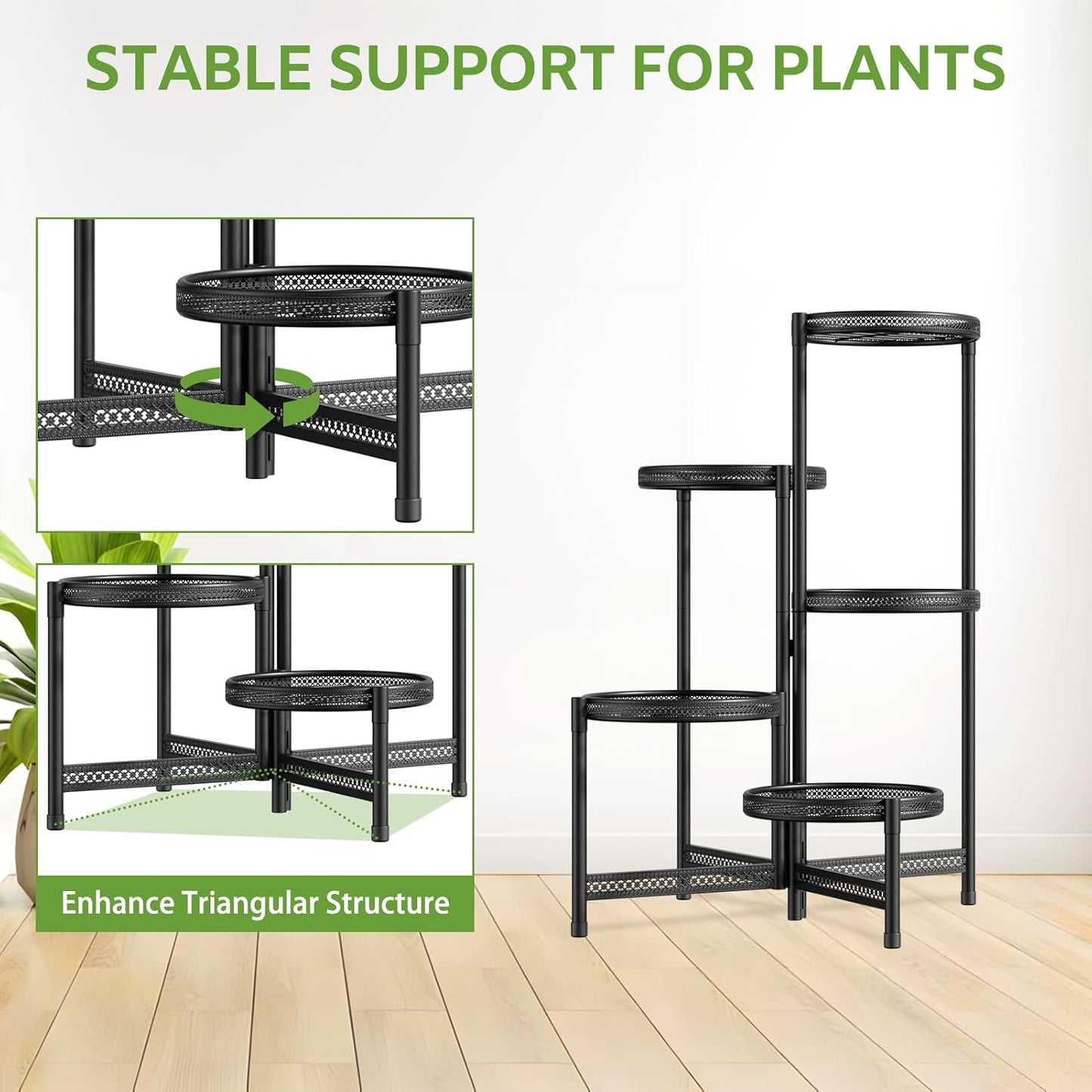 iDavosic.ly 5 Tier Large Plant Stand Indoor Outdoor, 10 In Tray, Iron Black | Tiered Metal Corner Heavy Duty Multiple