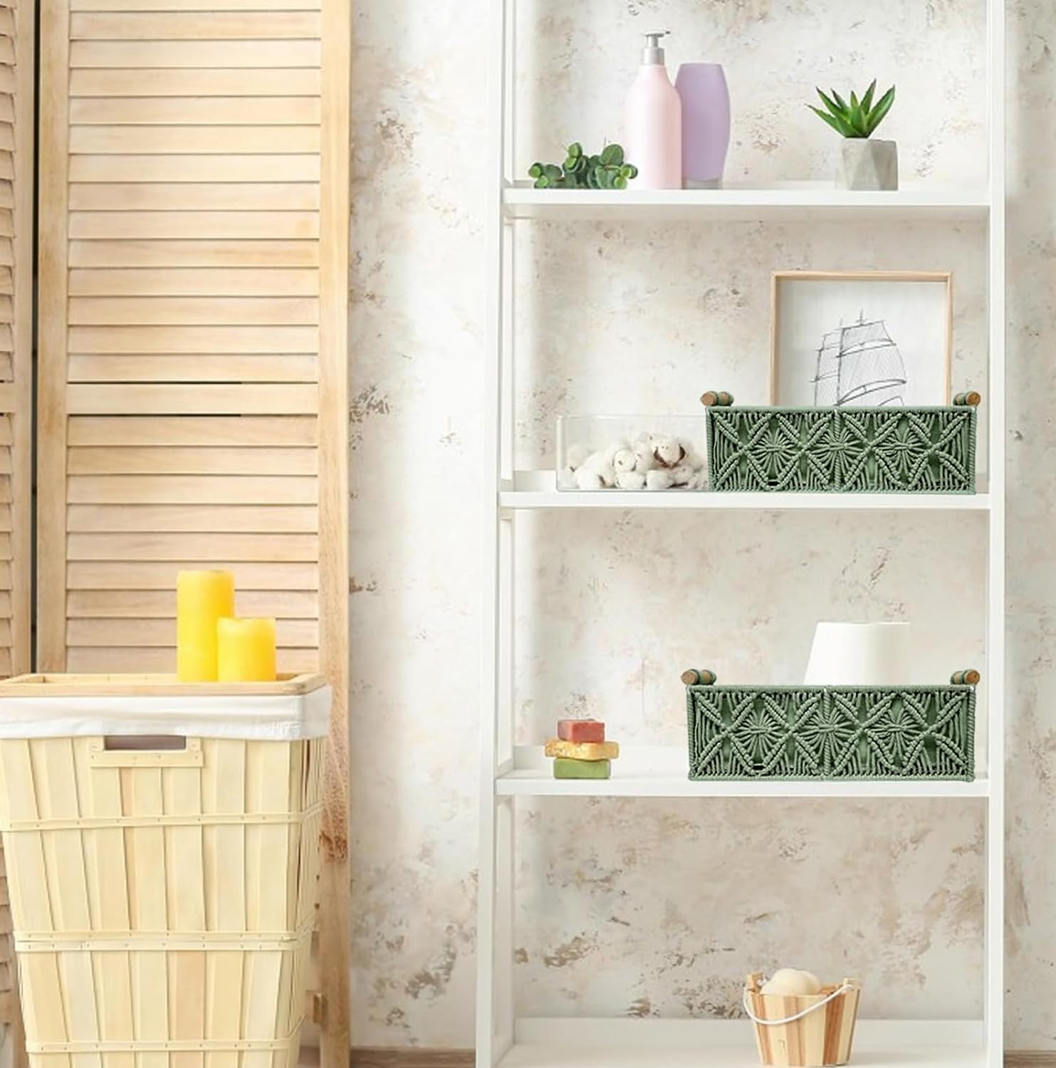 Macrame Boho Decor Baskets for Organizing Woven Decorative Basket for Countertop Toilet / Green