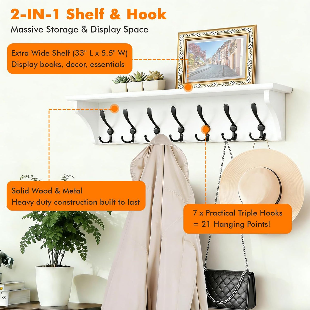 33" Coat Rack with Shelf Wall Mount, Pre-Assembled Solid Wood Coat Hooks with Shelf, Wall Coat Hanger with 7 Metal
