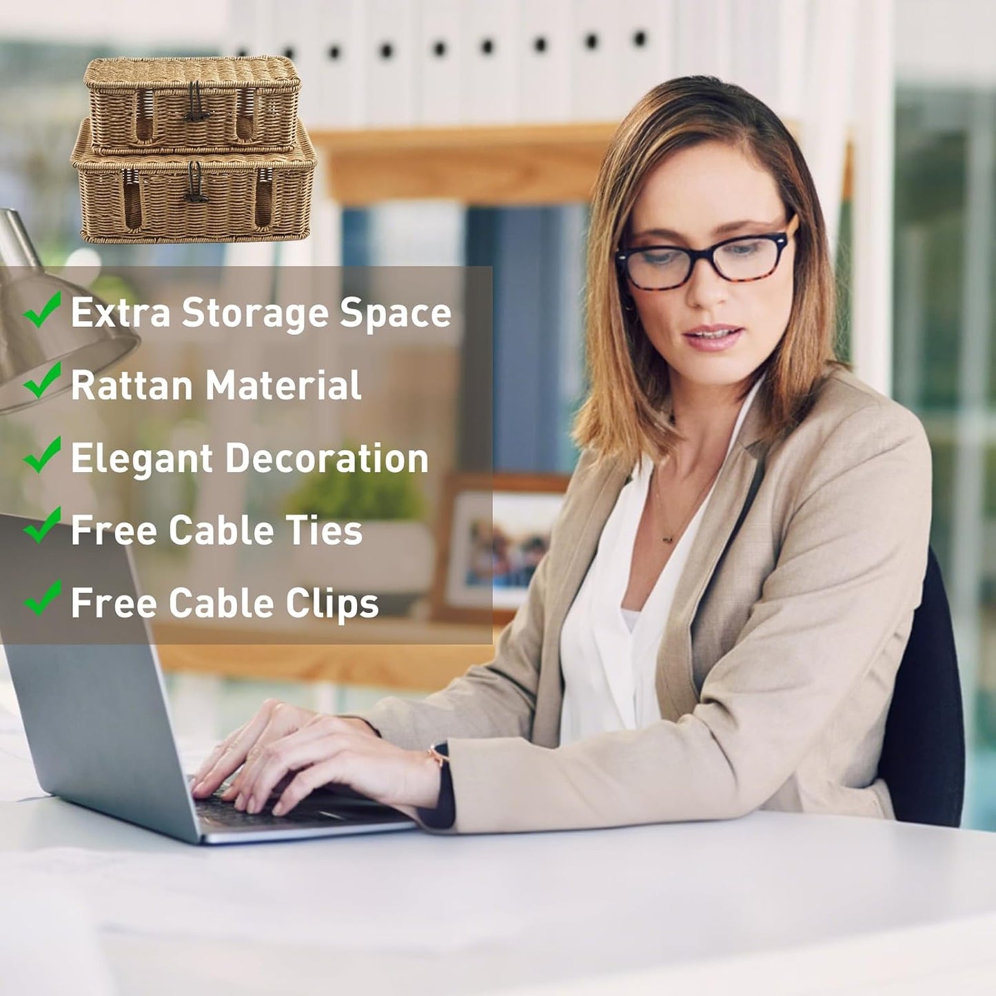 2 Pack Rattan Cable Management Box, Large Cord Organizer Box with Lid Under Desk Router Hider Storage Box with 4 Exits