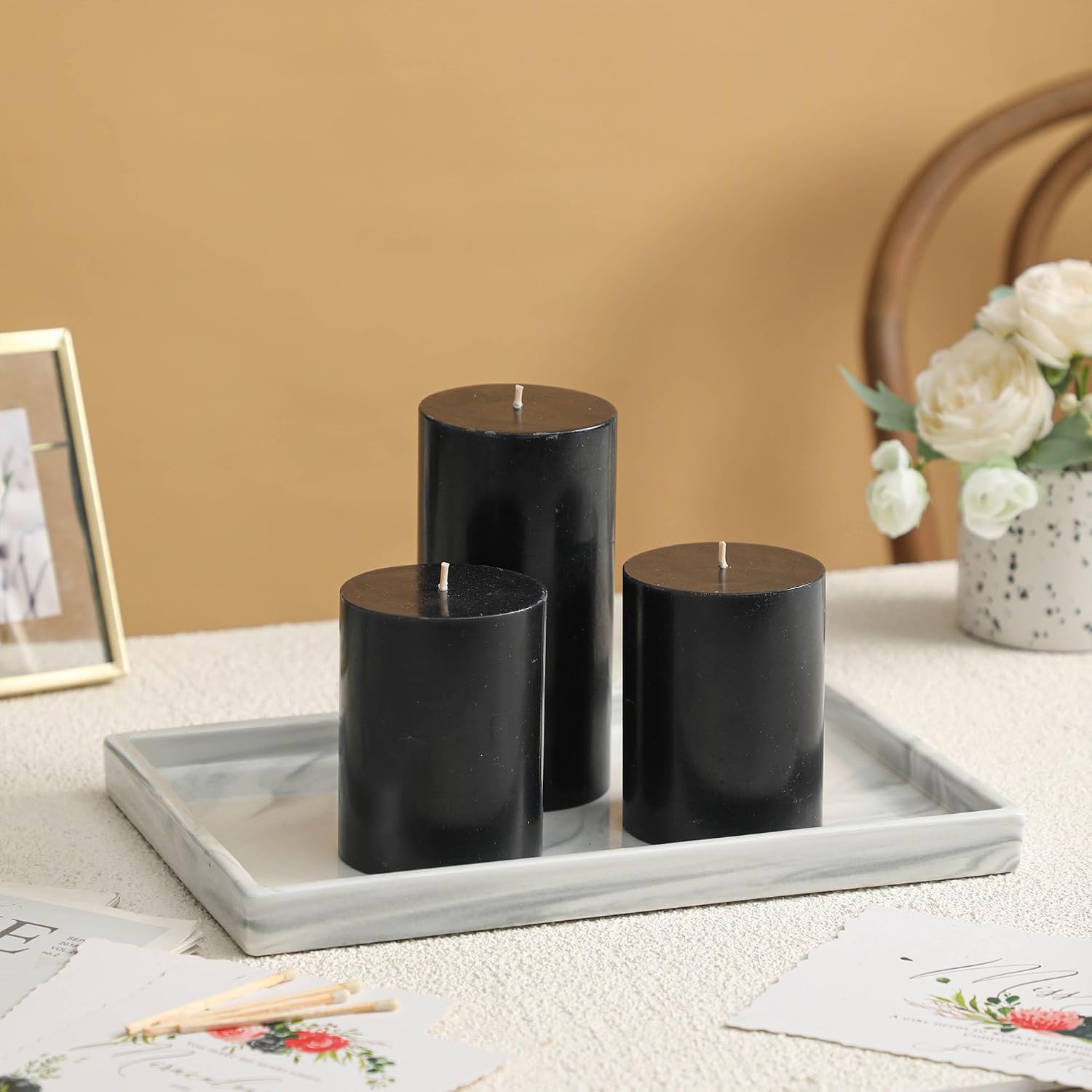 3x4 Inch Black Pillar Candles Set of 3 - Decorative Unscented Pillar Candles, Long Burning Dripless Candle for Home