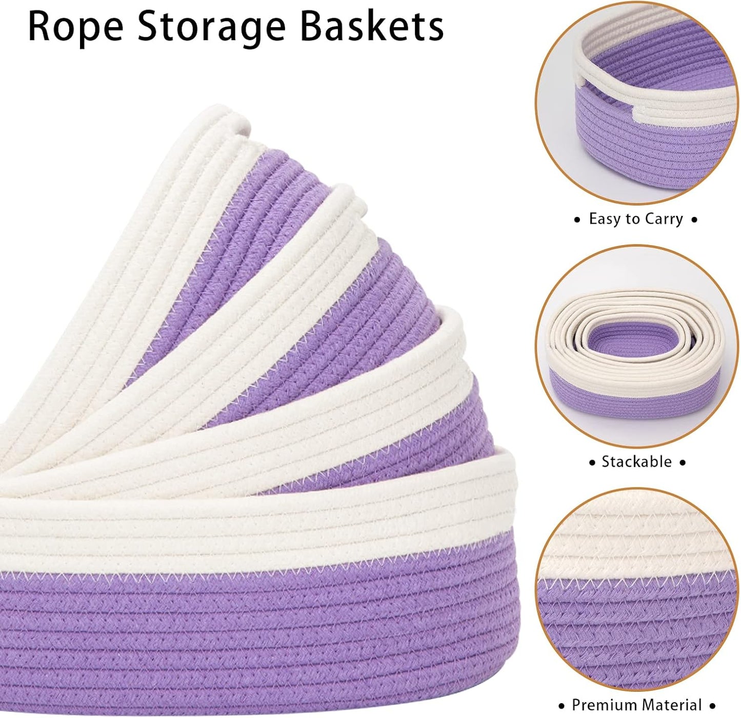 7 Piece Cotton Rope Woven Basket Set / OFF WHITE & PURPLE