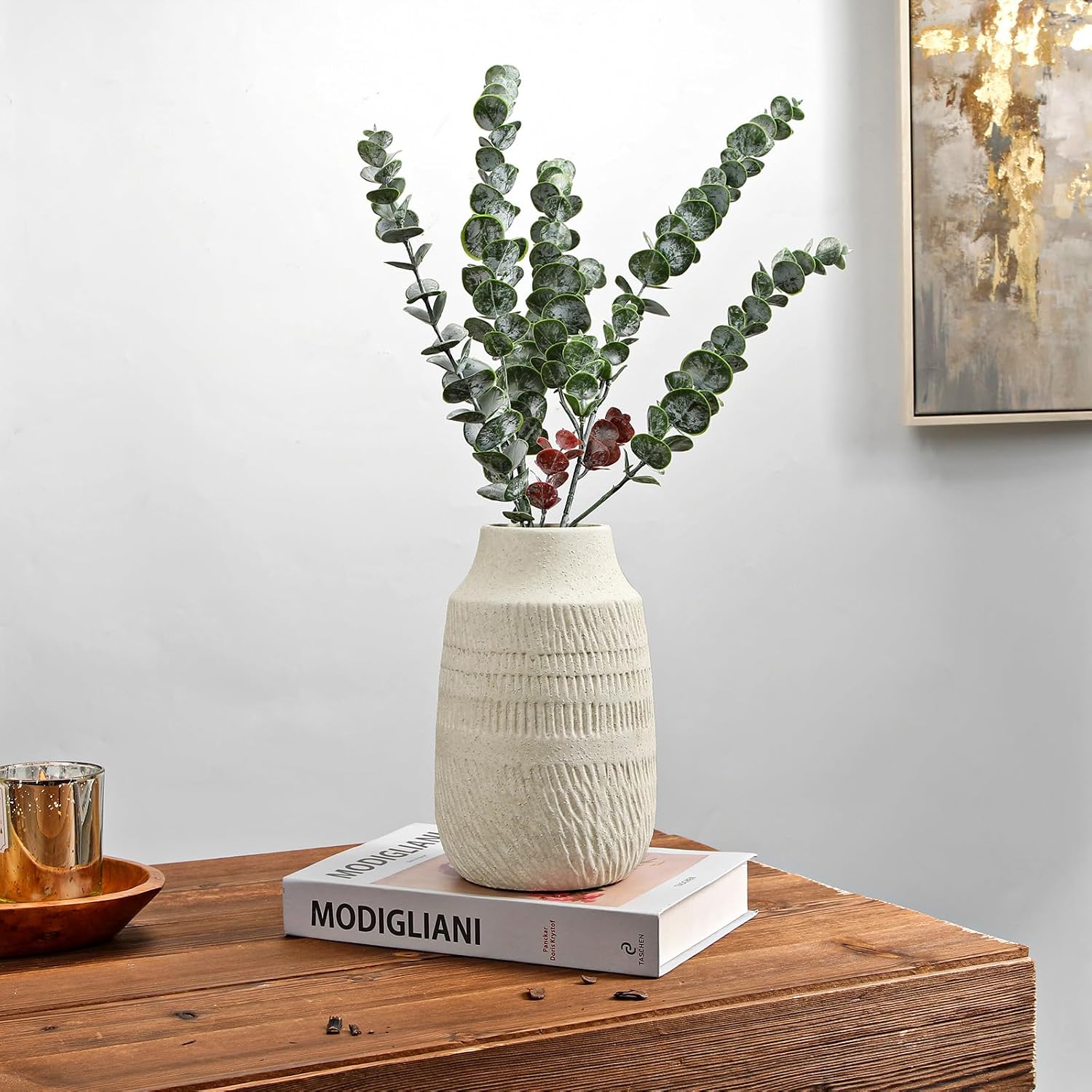 Rustic Ceramic Vase for Mediterranean / 9" Beige White