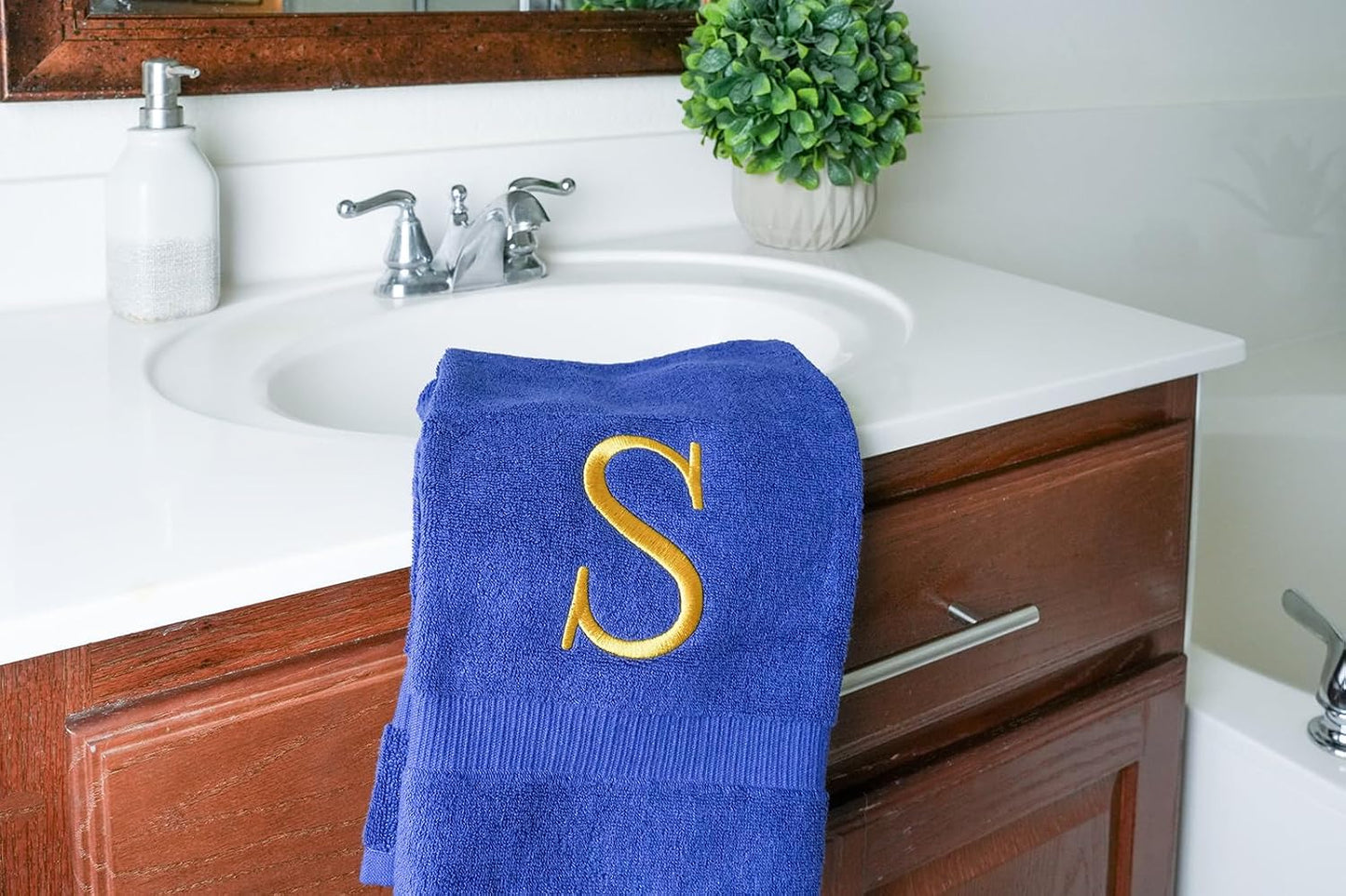 Navy with Gold Monogrammed Hand Towels for Bathroom - Set of 2 Letter S | Luxury Hotel Quality Initial Towels For