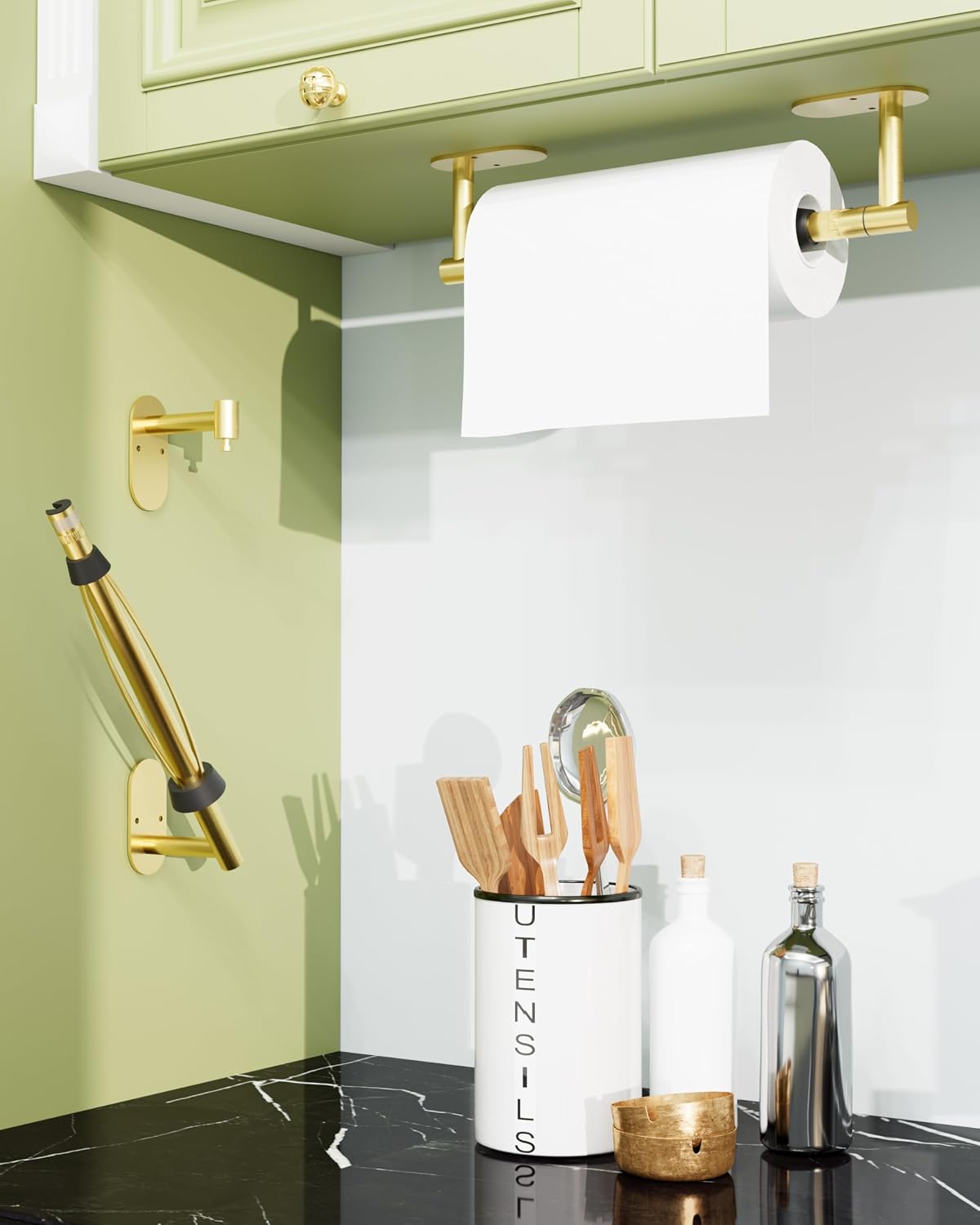 Paper Towel Holder Under Cabinet One Hand Operable, Brushed Gold | Round Base,Damping Effect, Drill Wall Mount or