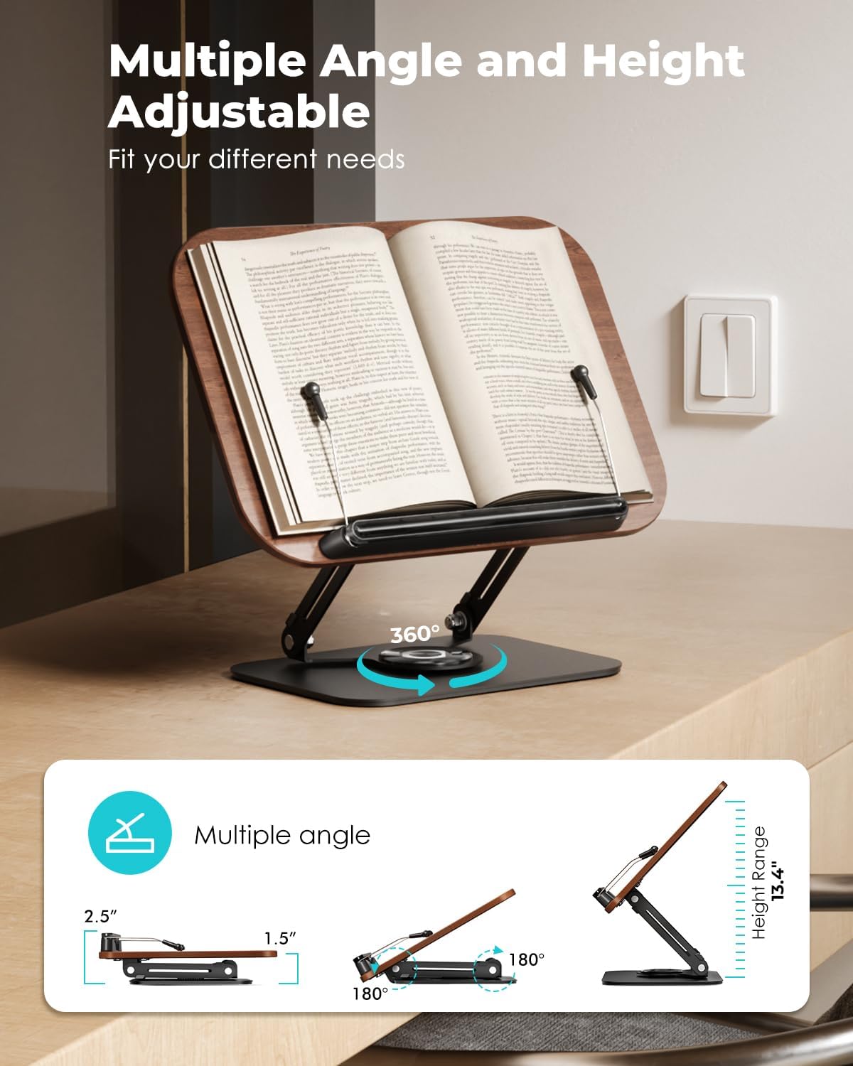 Viozon Book Stand for Reading,Book Holder, Height&Angle Adjustable, 360° Rotating Base, Foldable and Portable