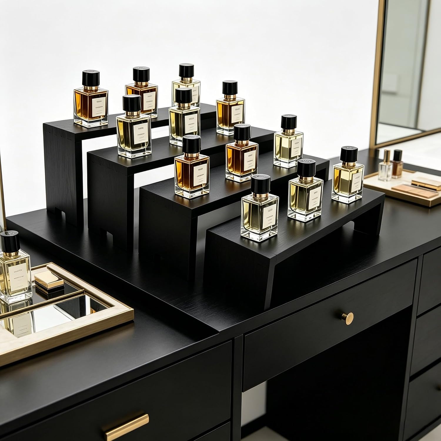 Yikaroeli 2 Set Large Black Display Risers Wooden Tiered Risers for Display Stand 4 Tiered 8Pcs Racks Perfume Organizer