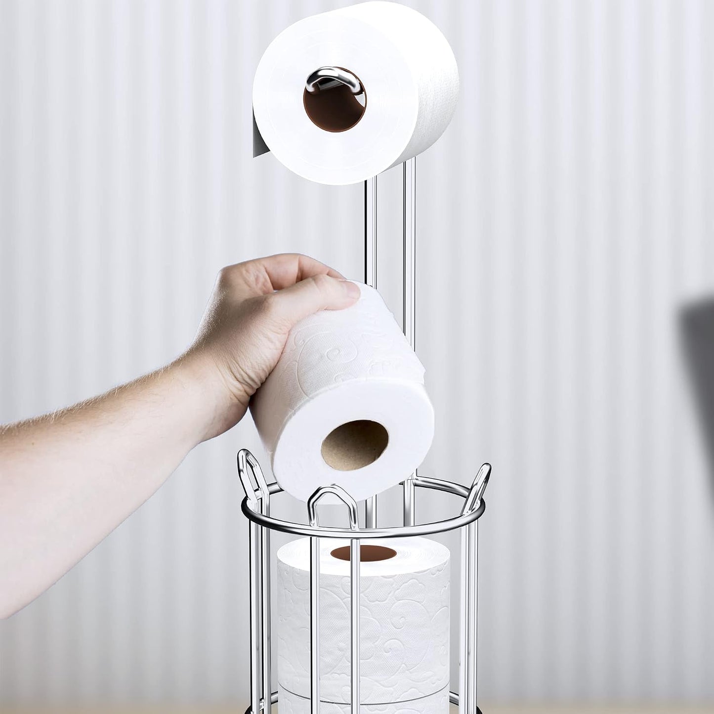 Meangood Toilet Paper Holder Stand and Tissue Paper Roll Dispenser for 4 Mega Rolls, Bathroom Free Standing Tissue Roll