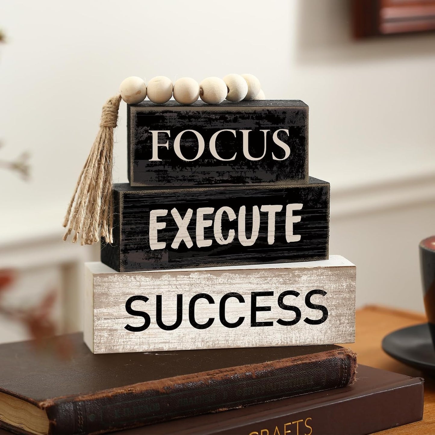 Motivational Desk Decor Wooden Office Decor Inspirational Tiered Tray / Success / Set of 4