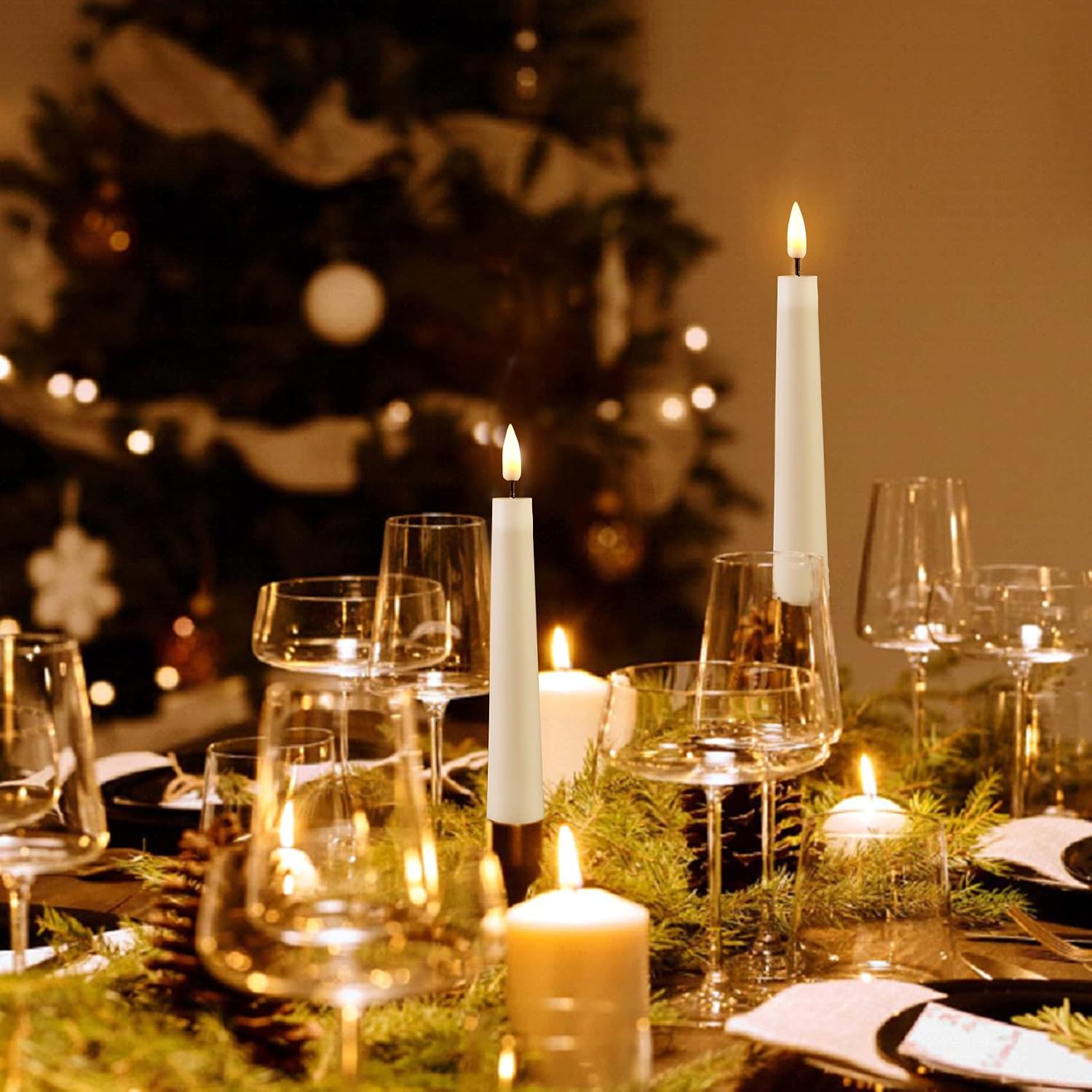 Short White Flameless Taper Candles with Remote Set of 6 | Flickering LED Candlesticks, Real Wax Coating, 2 AAA Battery