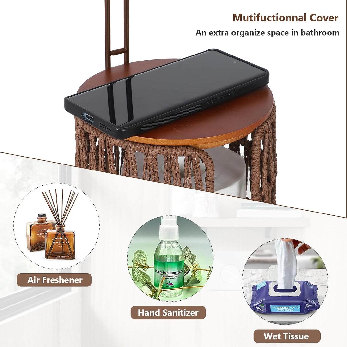 Freestanding Toilet Paper Holder with Storage,3 Rolls of Rattan Tissue Holder for Bathroom,Woven Toilet Paper Roll