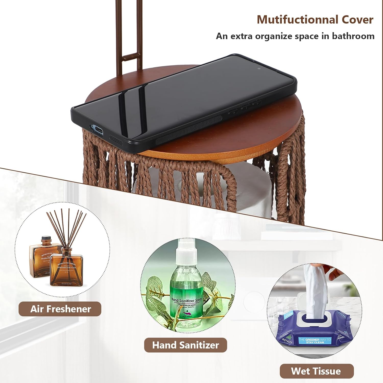 Freestanding Toilet Paper Holder with Storage,3 Rolls of Rattan Tissue Holder for Bathroom,Woven Toilet Paper Roll