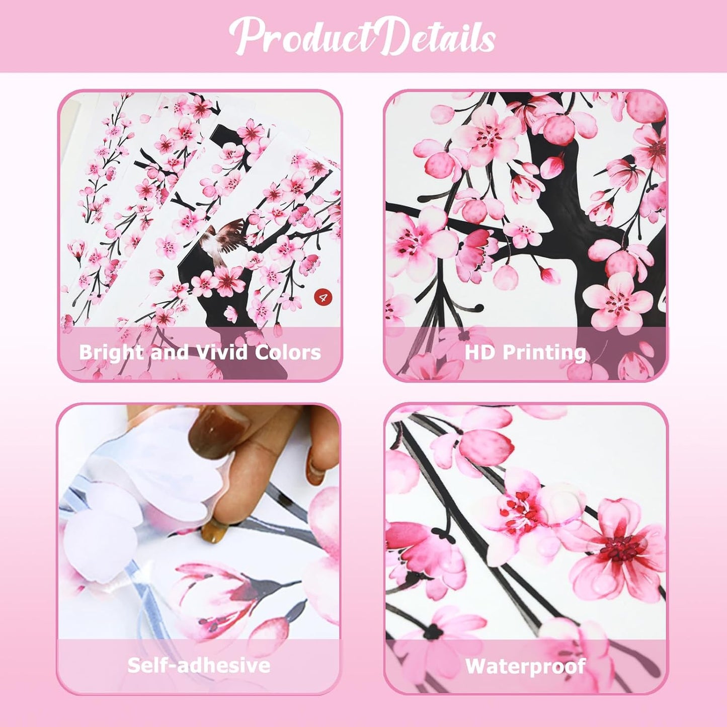 4 Sheets Spring Flower Bird Wall Decals Peel / Pink / 11.8*35.4inch