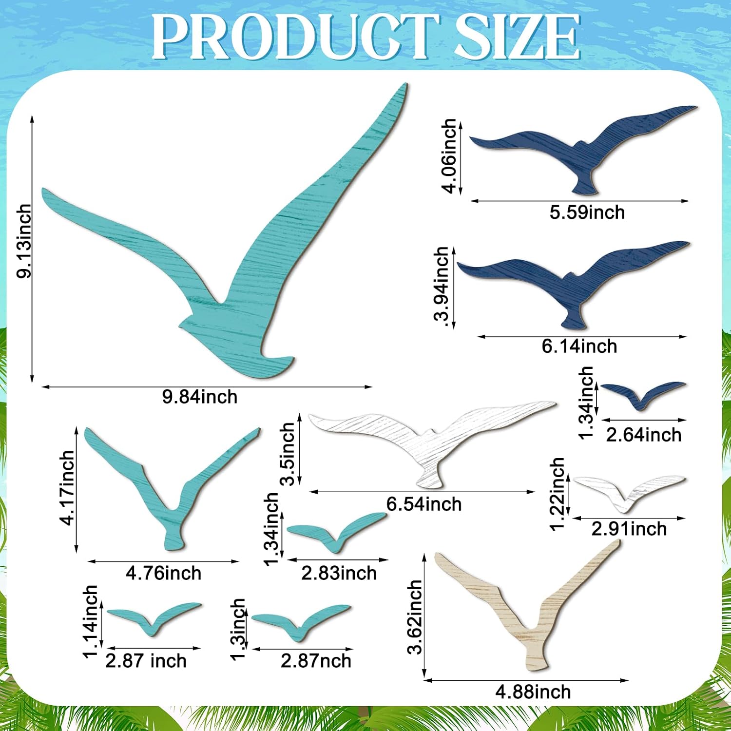 Wooden Seagull Wall Decor Nautical Theme Beach Coastal Art Small / Brown Blue White / Set of 11