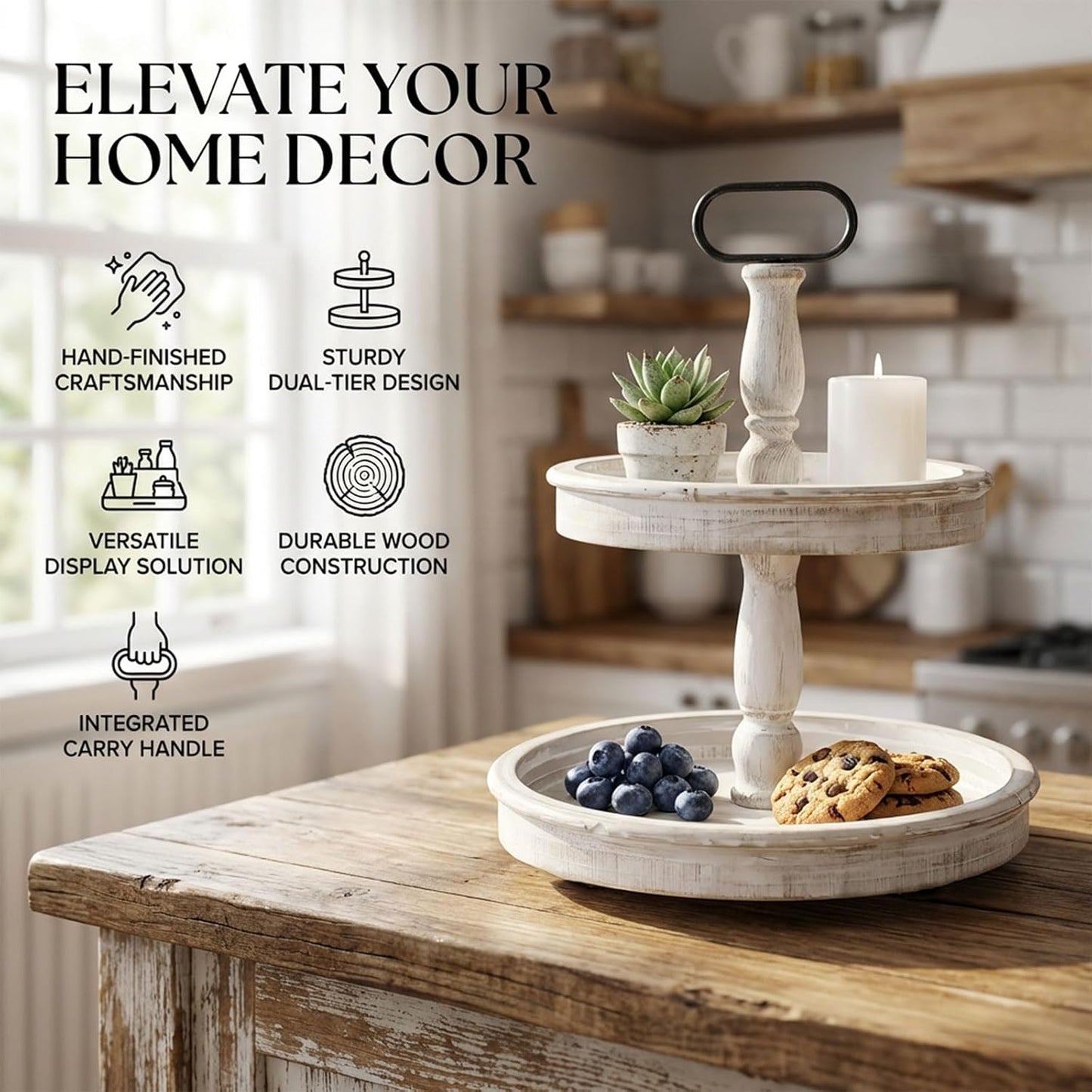 Two Tiered Tray Stand Rustic Tiered Tray Decor 2 Tiered Tray Serving Tray Seasonal & / White / 15.7