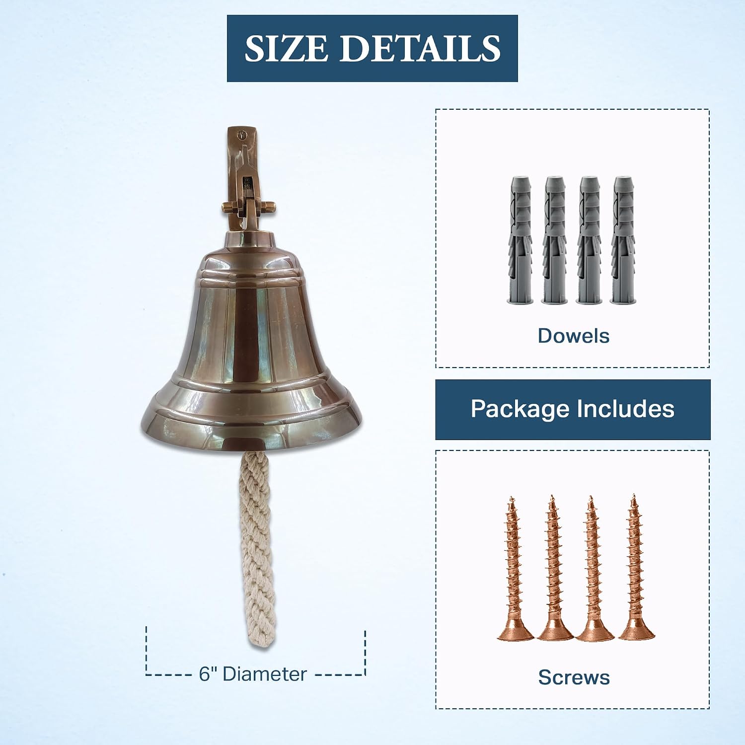 Solid Brass Wall Mounted Ship Hanging Antique Brass Bell for Reception, School, Outdoor, Indoor, Dinner & Chruch - 6