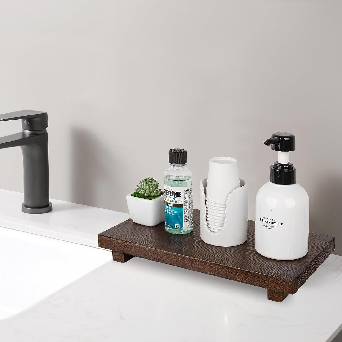 Bathroom Counter Organizer Wood Pedestal Stand Farmhouse Decorative Tray / Walnut / 11.8 x 7 x 1.6