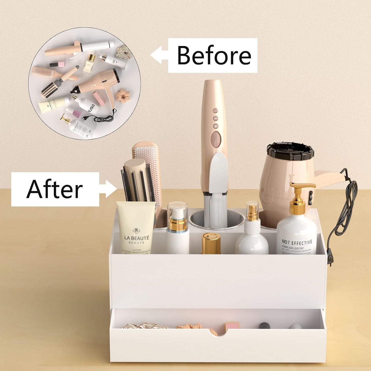 NIUBEE Acrylic Hair Tool Organizer with Drawer, Hair Dryer Holder Organizer | White, Hot Tools Organizer Countertop