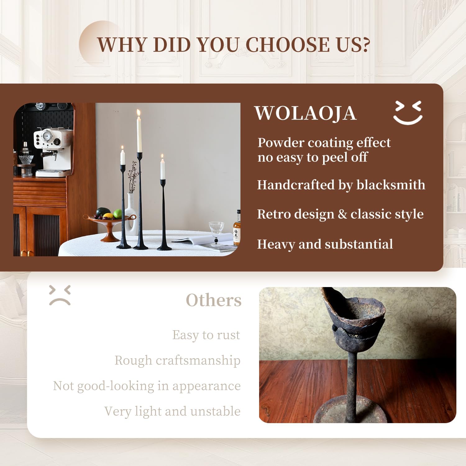 Set of 3 Candle Stick Holders,Iron Black Candlestick Holders, Fits 3/4 inch Thick Candles, Tapered Candle Holders Tall
