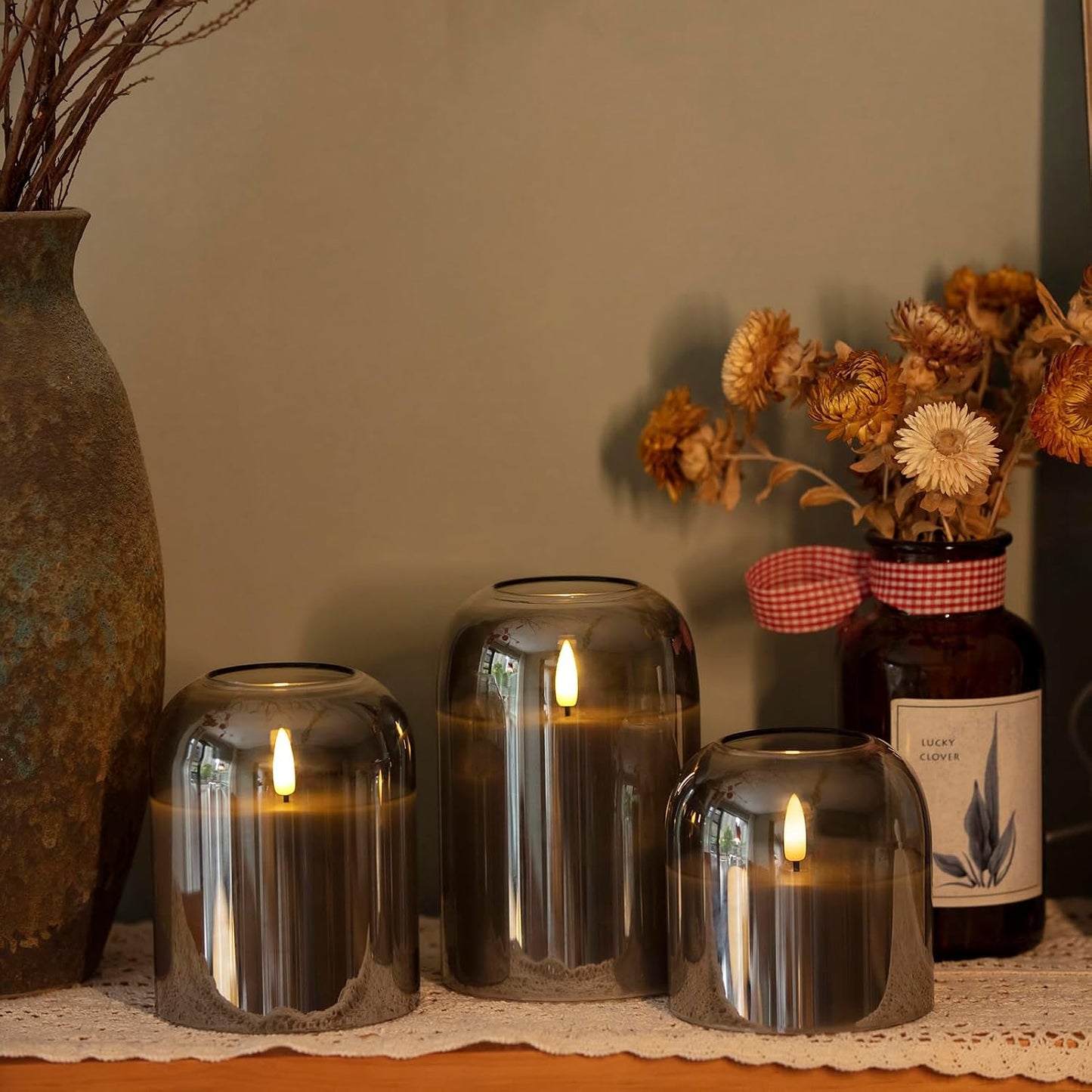 volnyus Grey Glass Flameless Candles with Remote Set of 3 Battery Operated Flickering LED Pillar Candles Real Wax Wick