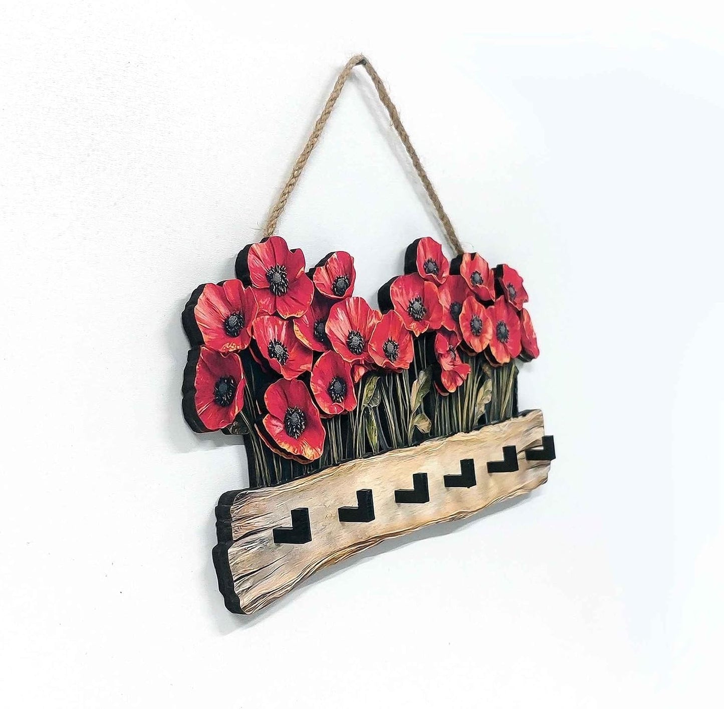 Wooden Key Holder / Rustic Poppy Flower Key Rack