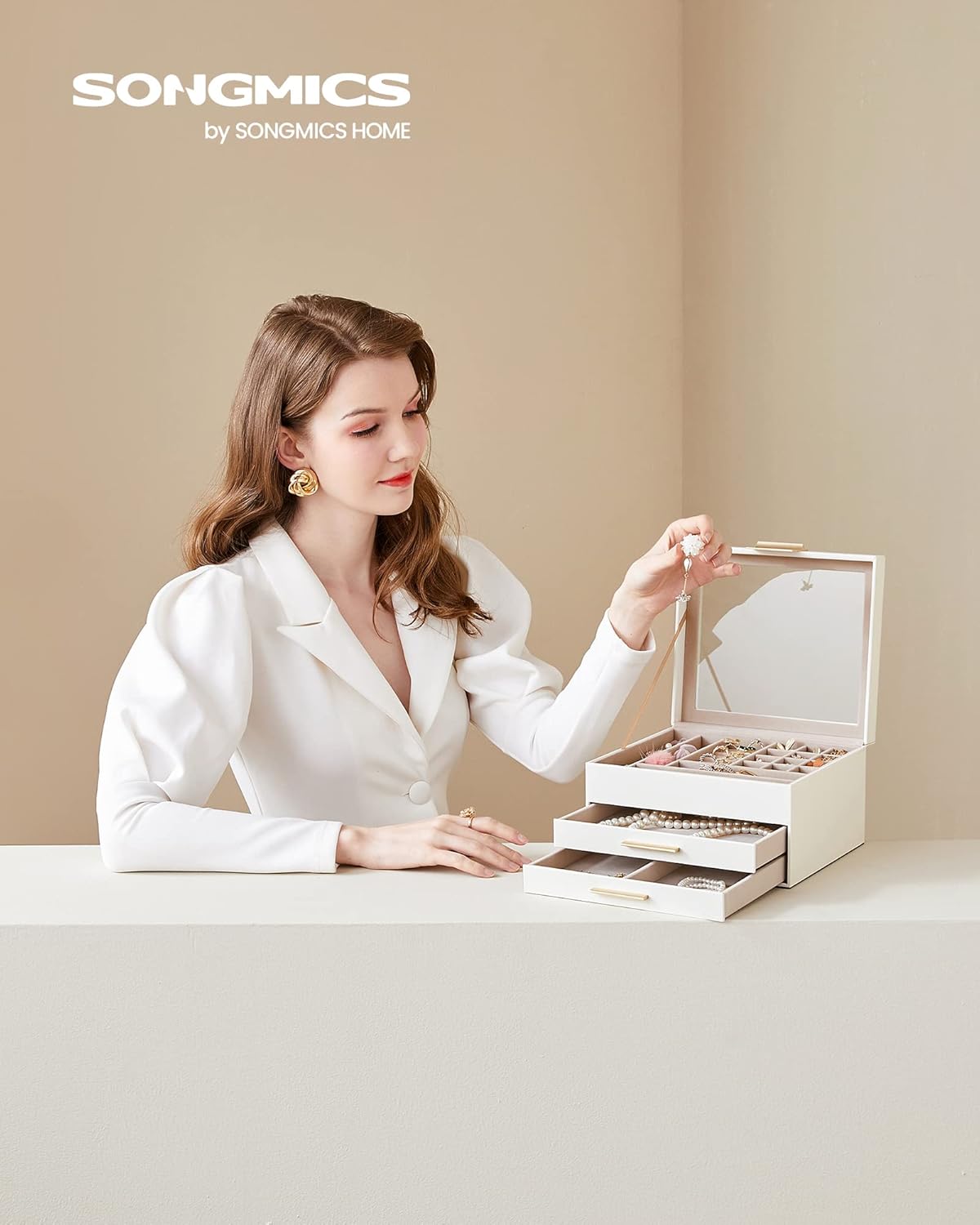 Jewelry Box Organizer / 3 Layer / Cloud White + Gold