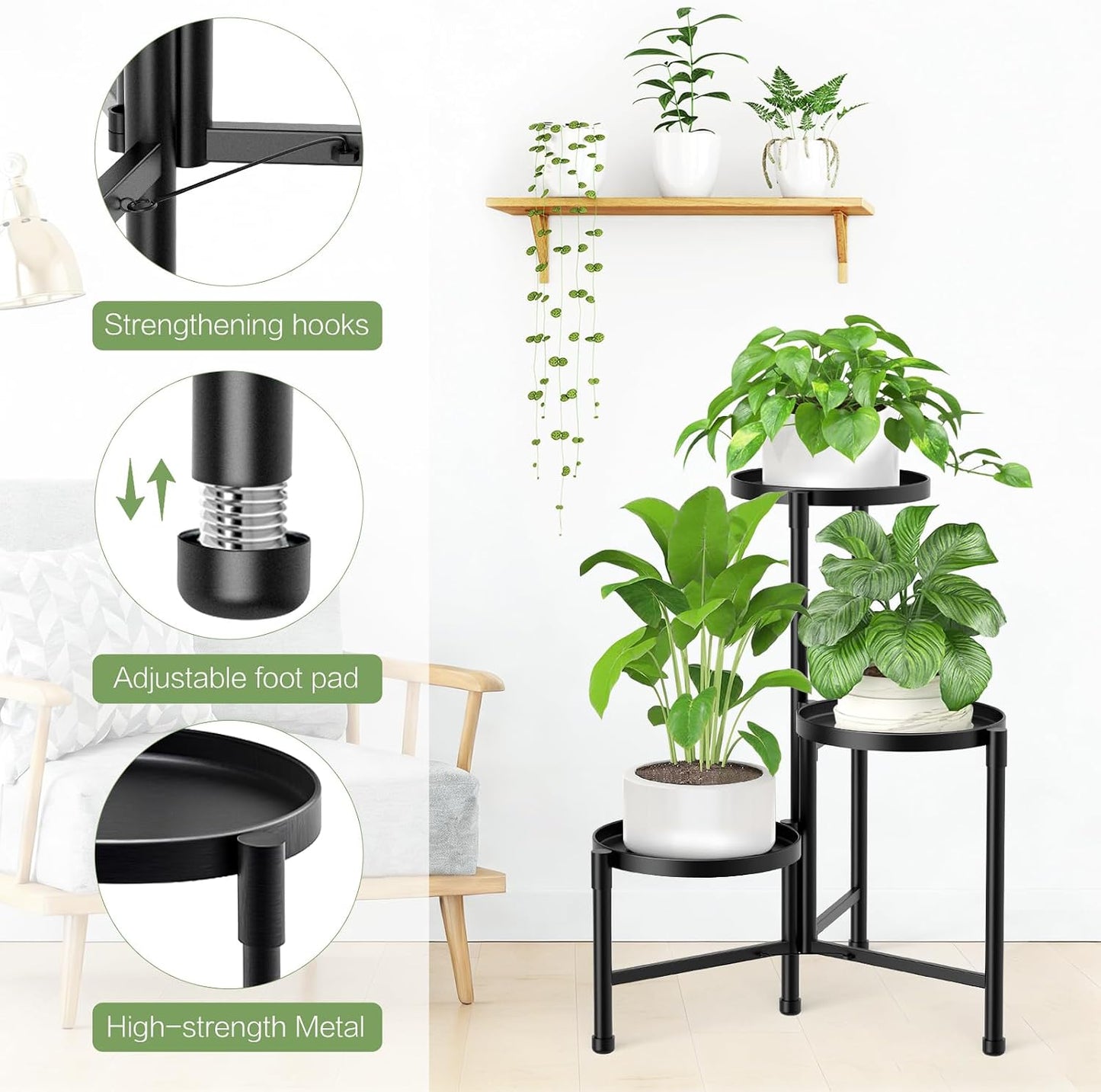 3 Tier Metal Corner Plant Stand Indoor Outdoor, 10 Inch Wide Tray, Black | 30 In Tall Foldable Iron Flower Pot Holder
