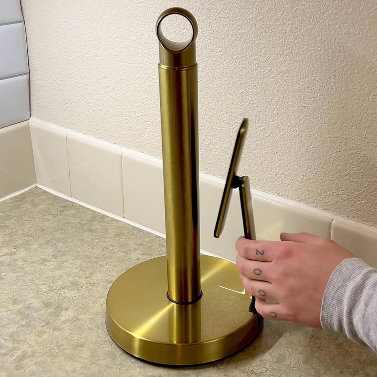 theaoo Heavy-Duty Paper Towel Holder with Tension Arm, Countertop(1, Gold) | Easy One-Handed Tear, Modern Stainless