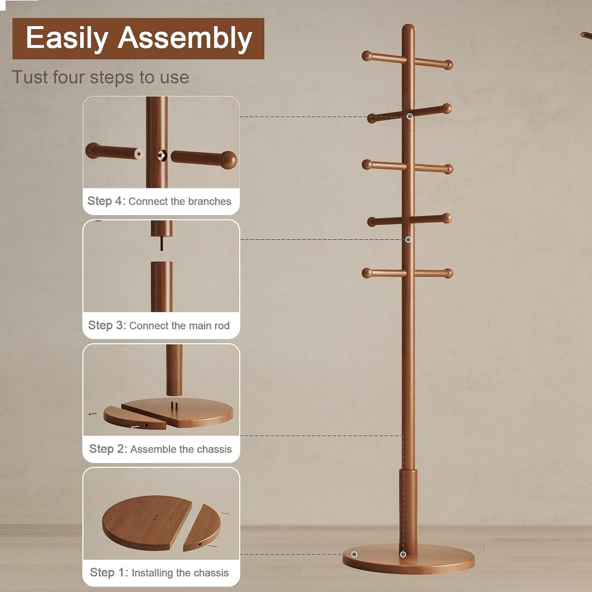 Solid Wood Coat Rack Freestanding with 10 Hooks, Coat tree freestanding 3 Adjustable Heights for coat, Hats, Handbags