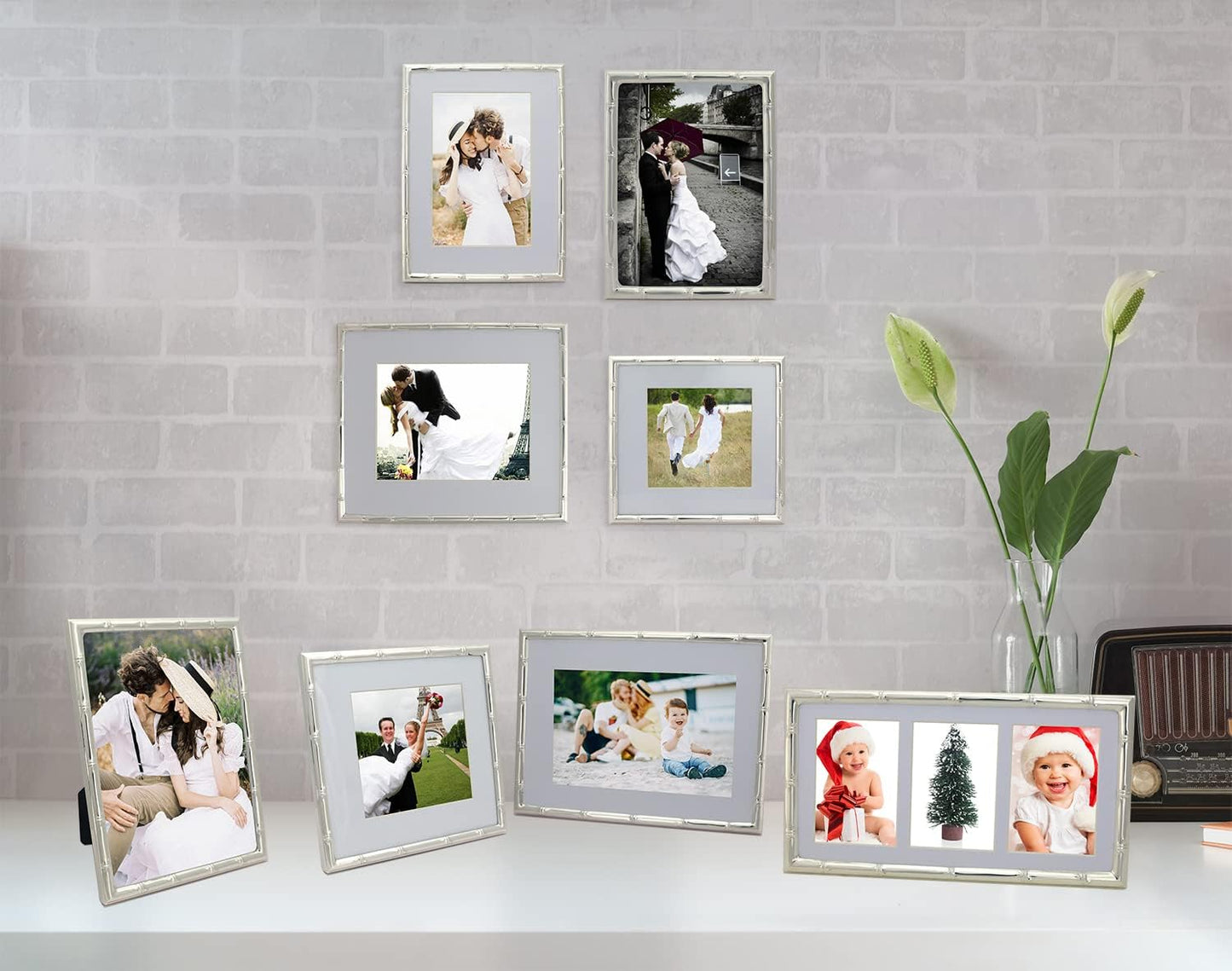 YiPinYin 6x6'' Bamboo Detail Sqaure Silver Metal Picture Frame With Mat for 4x4'' Set of 2, Narrow Silver Plated Photo