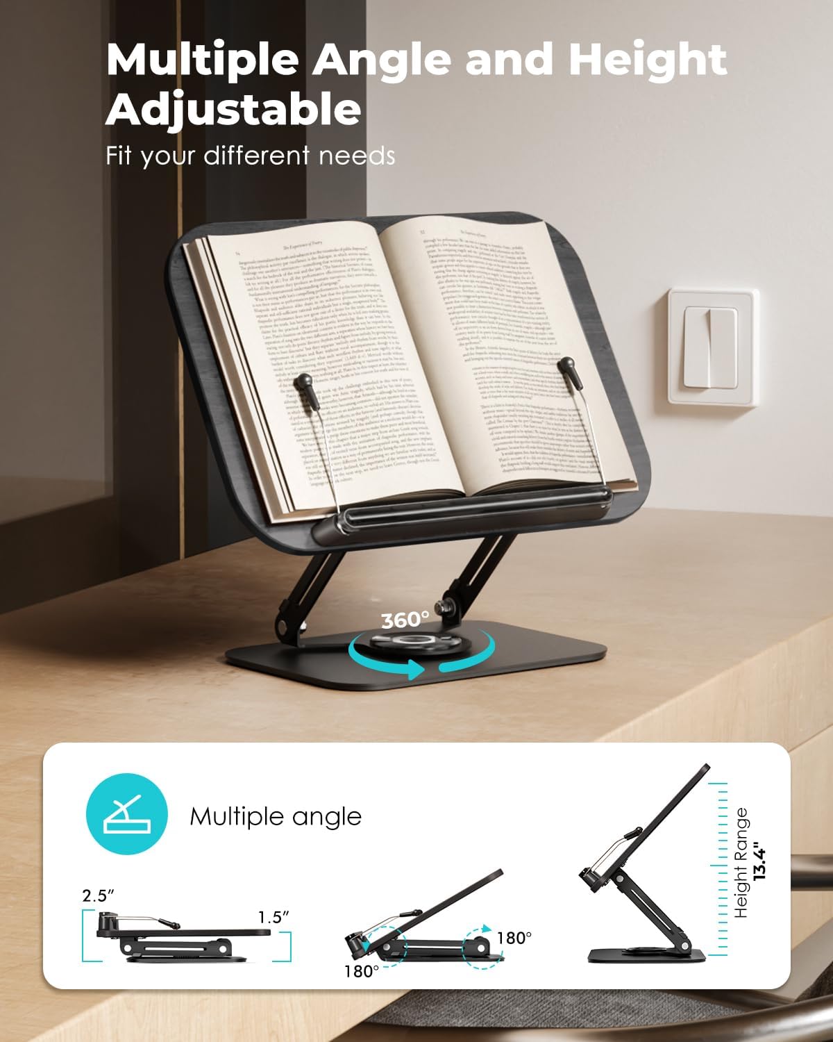 Viozon Book Stand for Reading,Book Holder, Height&Angle Adjustable, 360° Rotating Base, Foldable and Portable