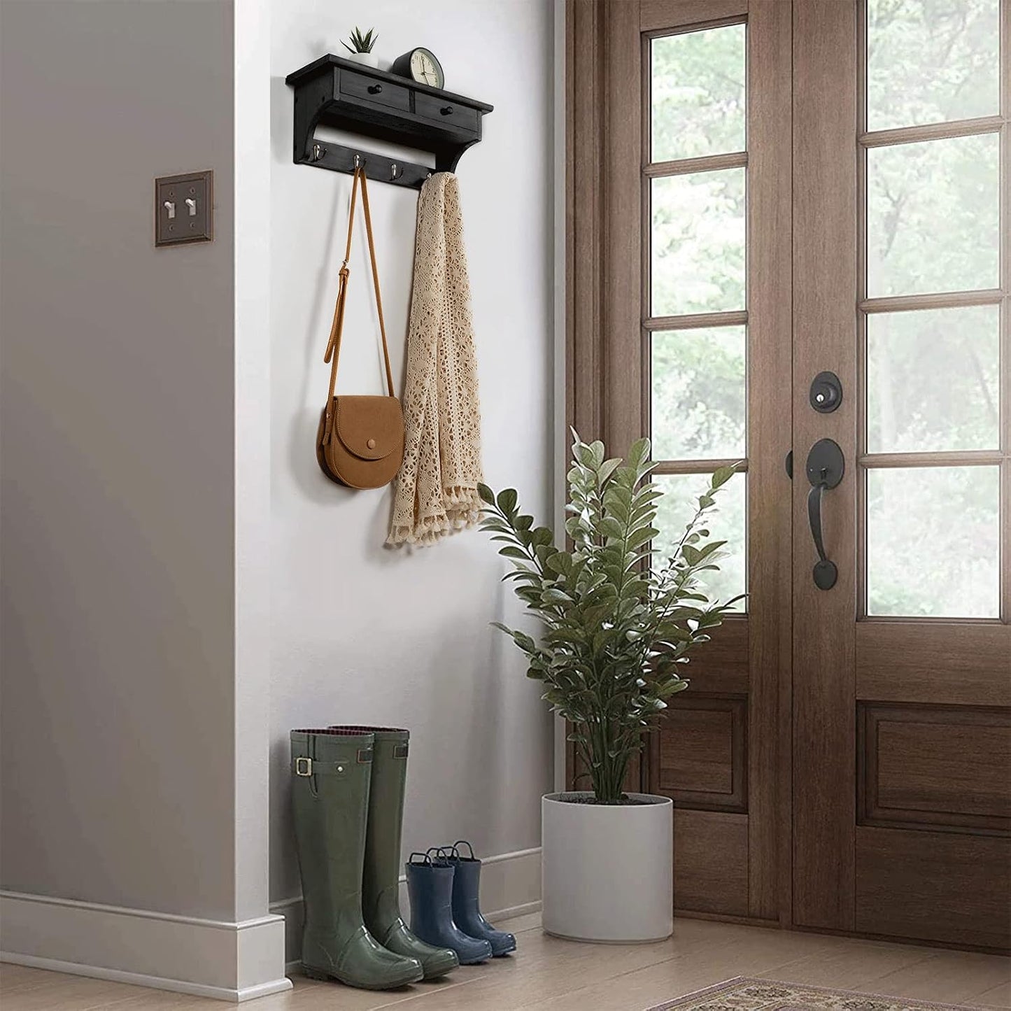 Emfogo Wood Coat Hooks Wall Mounted, Rustic Style with 4 Hooks & Shelf for Entryway, Mudroom, Bedroom, Kitchen