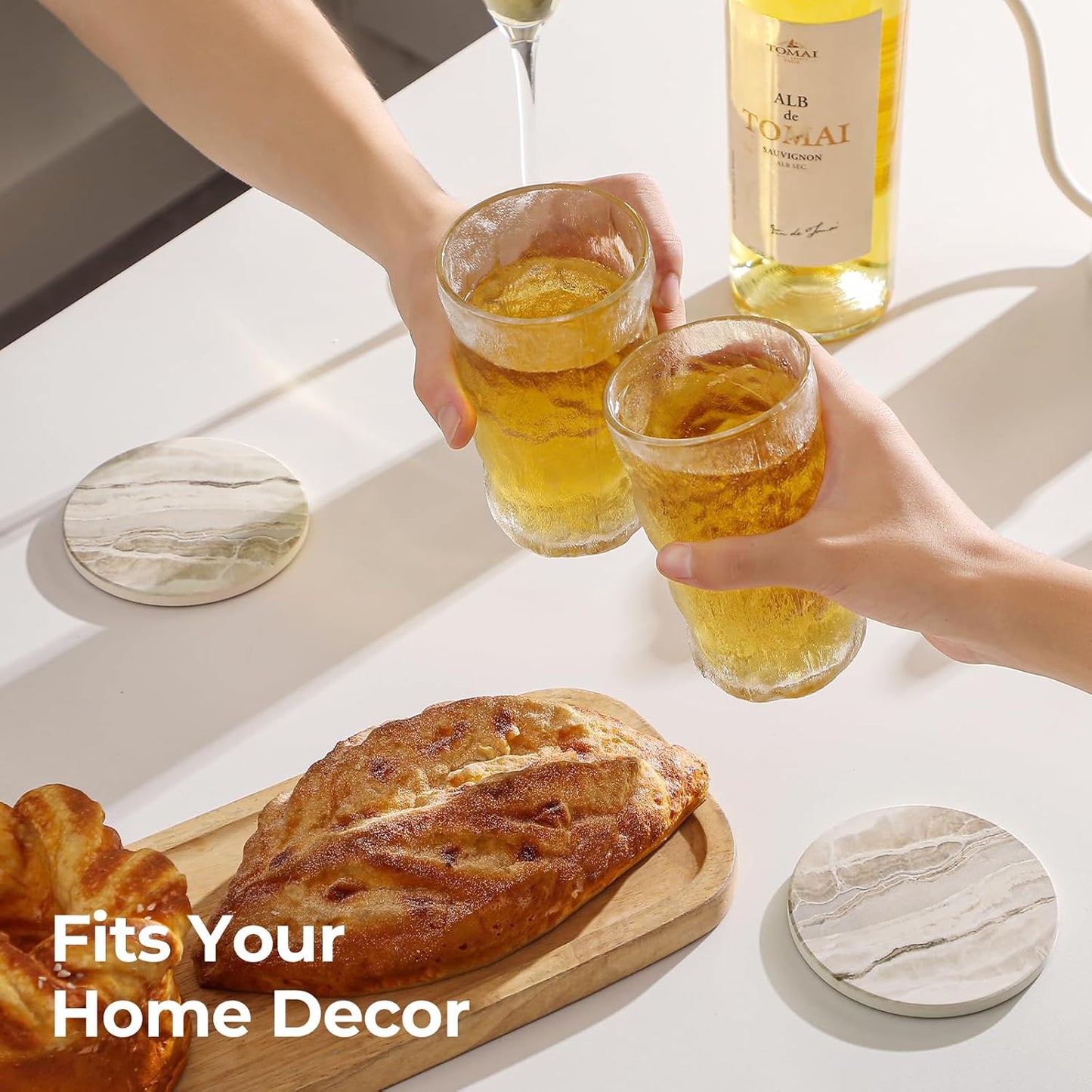Marble Style Ceramic Stone Coaster for Drink Tabletop Protection / Beige Marble / Set of 6